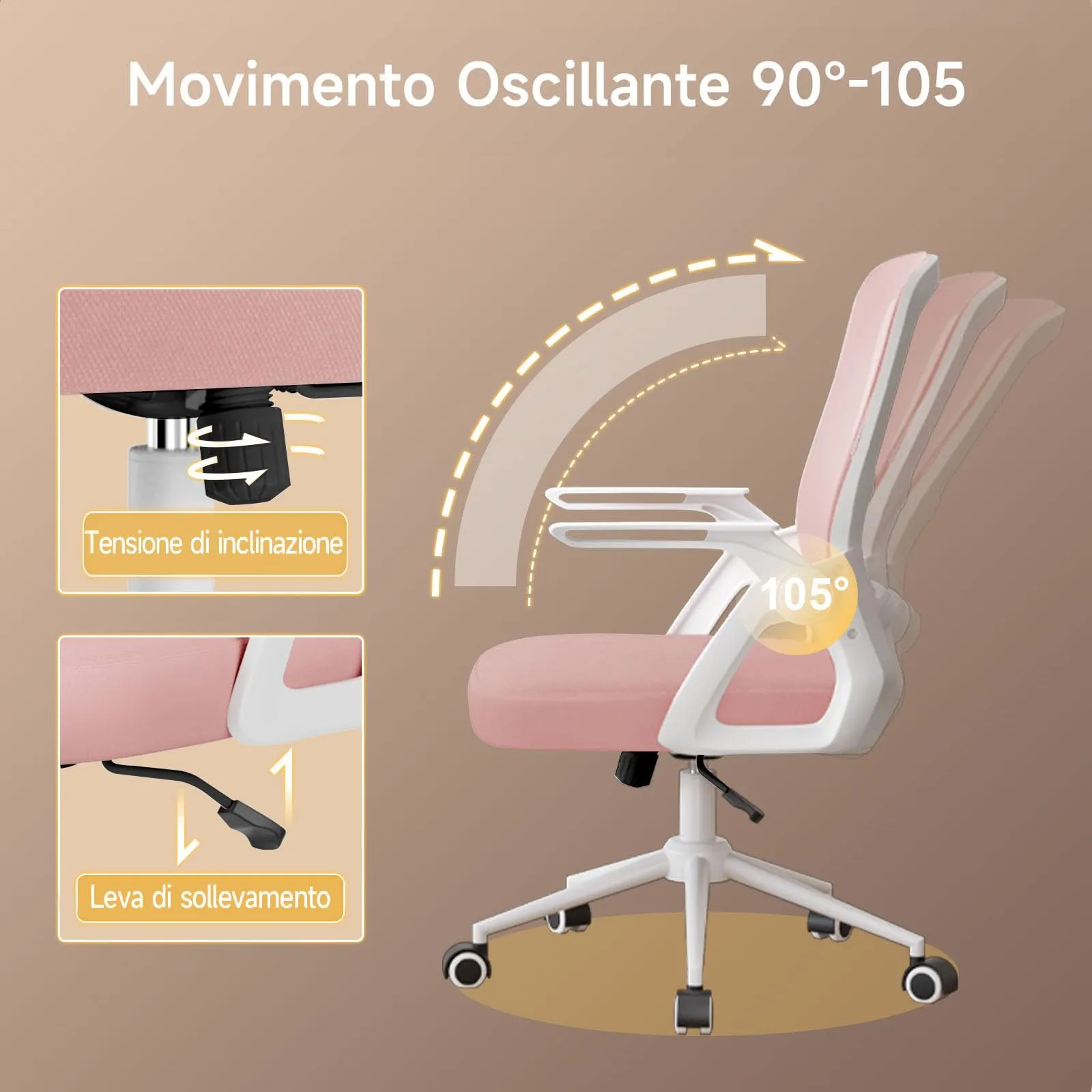 naspaluro Sedia da Ufficio Ergonomica con Braccioli Pieghevoli, Rete Respirante, Rosa - immagine 5