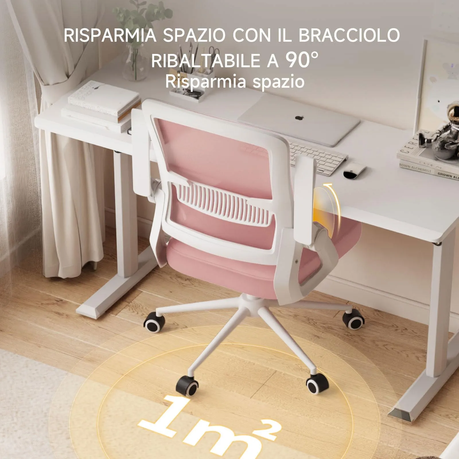 naspaluro Sedia da Ufficio Ergonomica con Braccioli Pieghevoli, Rete Respirante, Rosa - immagine 6