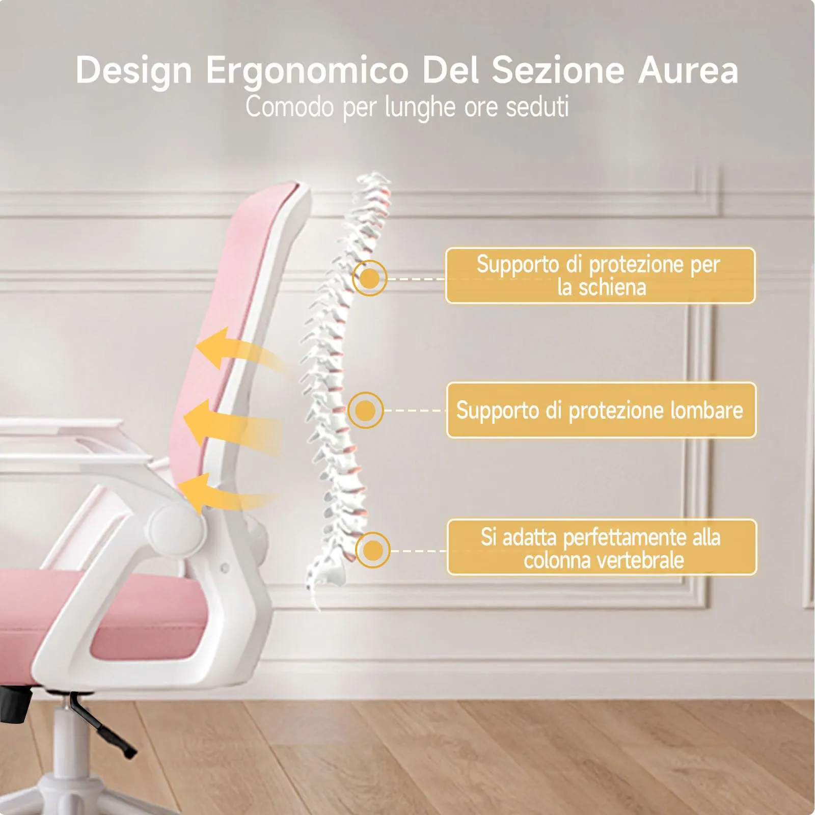 naspaluro Sedia da Ufficio Ergonomica con Braccioli Pieghevoli, Rete Respirante, Rosa - immagine 7