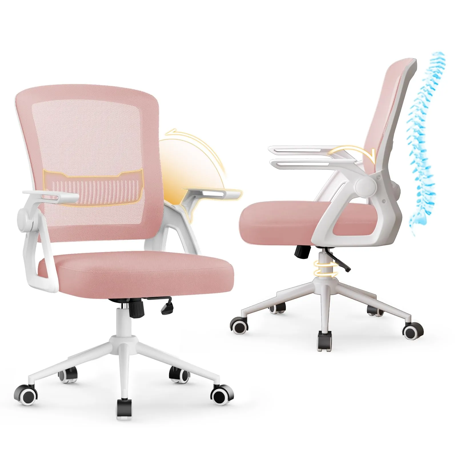 naspaluro Sedia da Ufficio Ergonomica con Braccioli Pieghevoli, Rete Respirante, Rosa - immagine 8