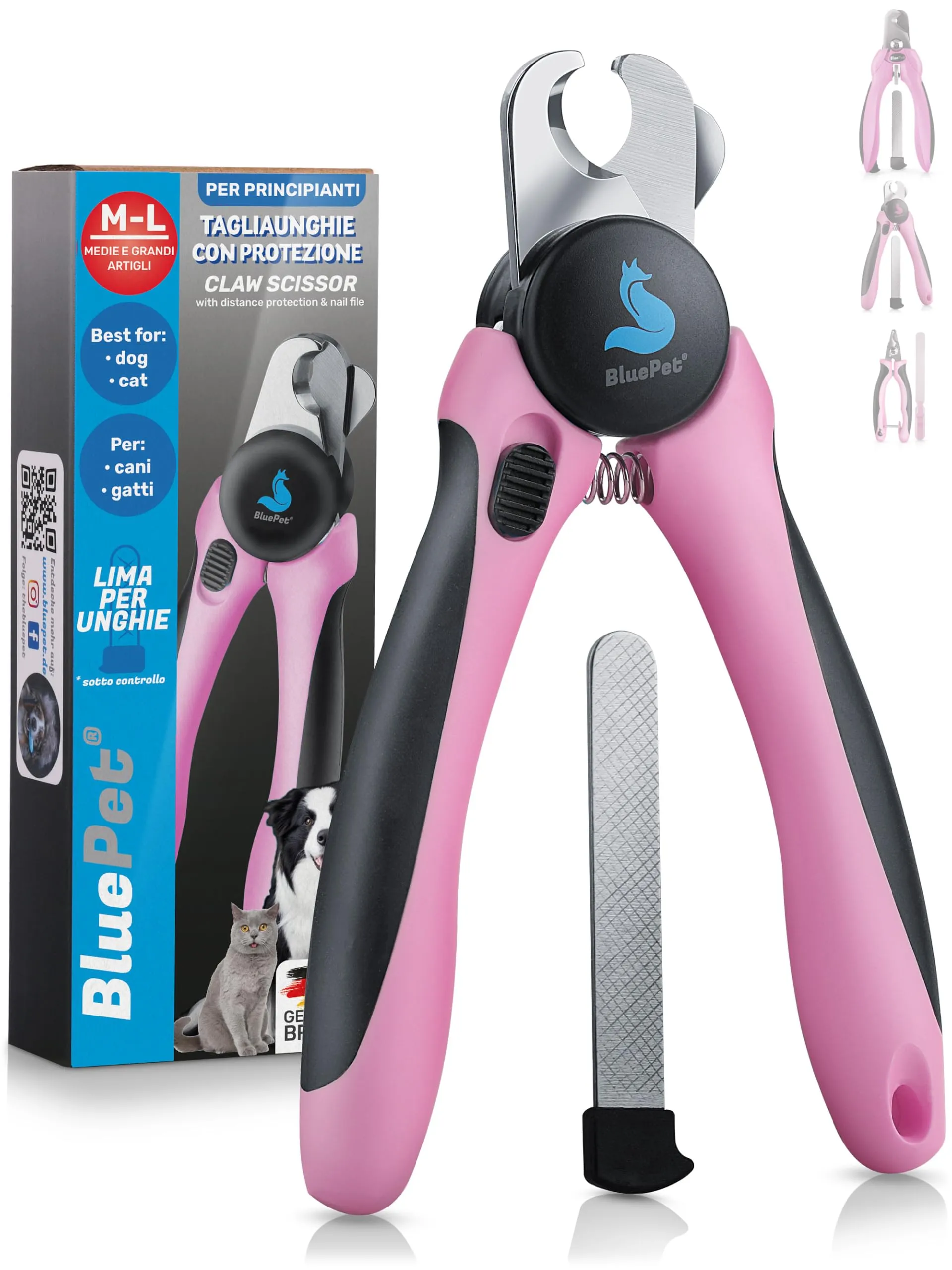 BluePet Tagliaunghie Professionali per Cani con Protezione e Lima, M-L, Rosa - immagine 1