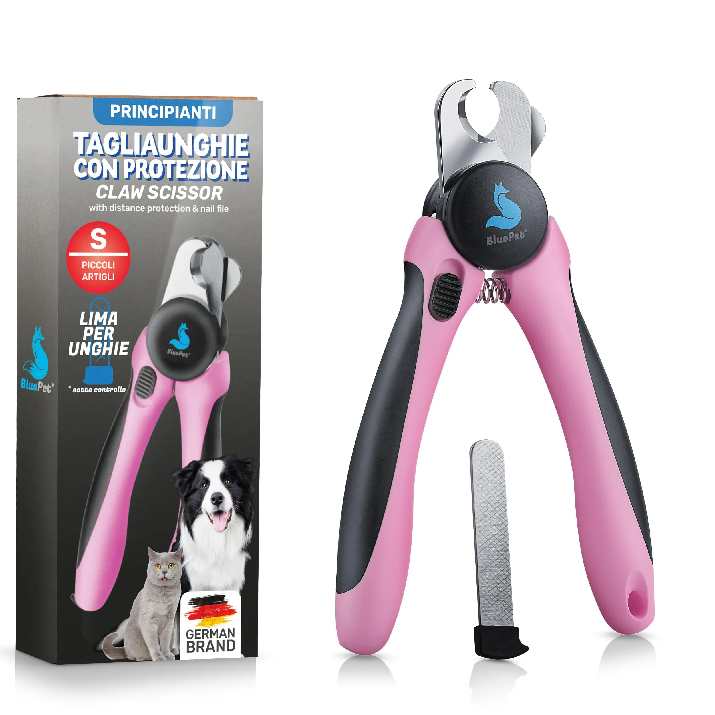 BluePet Forbici Unghie Professionali per Cani e Gatti con Protezione e Lima, Taglia S Piccoli animali, Rosa - immagine 1