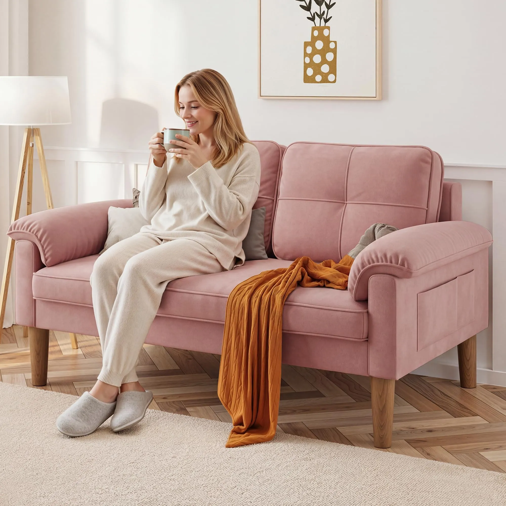 Xbro Divano a 2 Posti con Braccioli e Tasche Laterali, 145 x 77 x 77 cm, Rosa - immagine 4