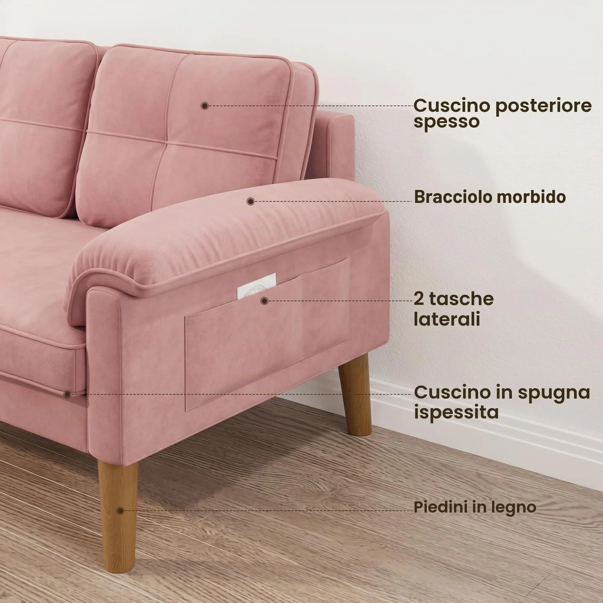 Xbro Divano a 2 Posti con Braccioli e Tasche Laterali, 145 x 77 x 77 cm, Rosa - immagine 7