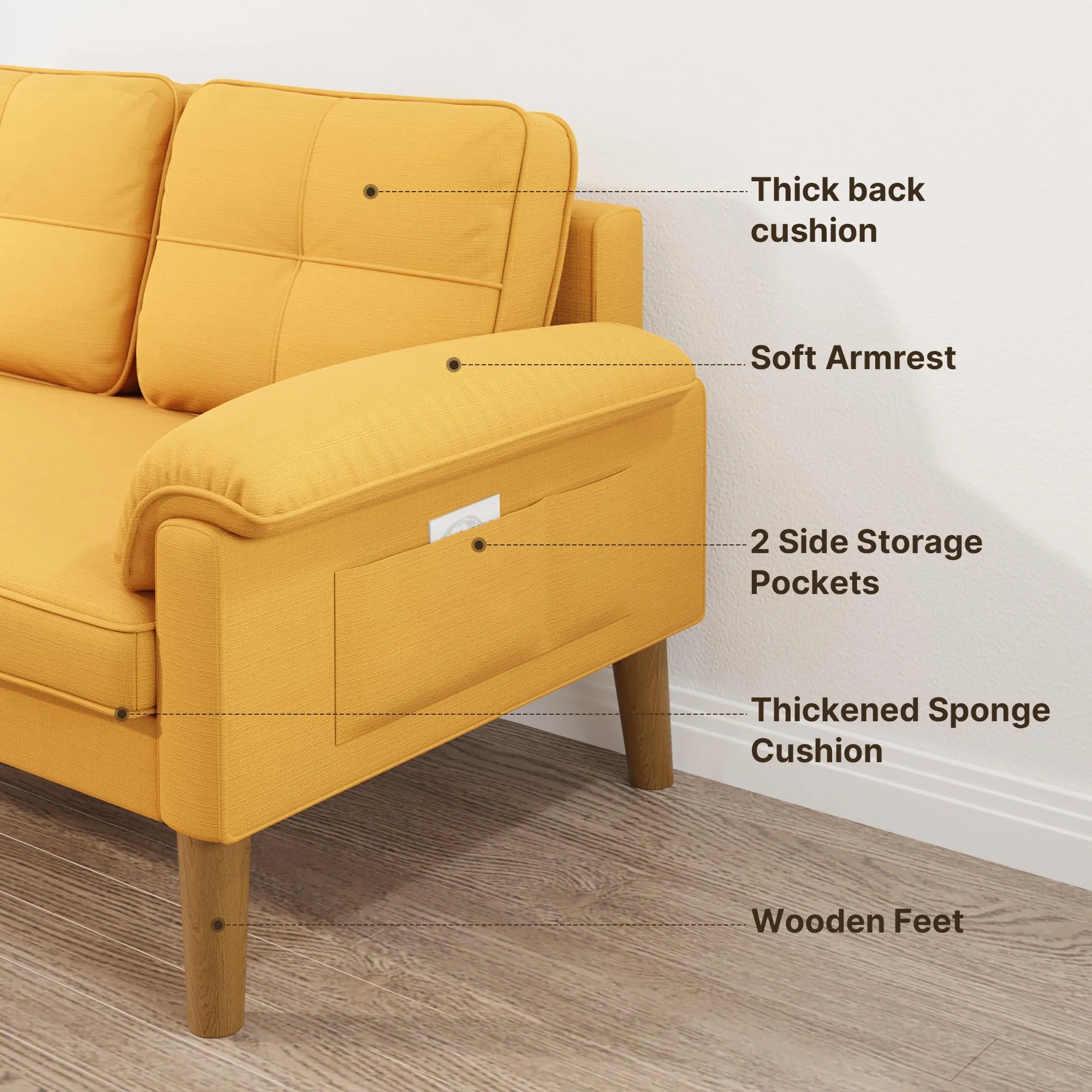 Xbro Divano a 2 Posti con Braccioli e Tasche Laterali, 145 x 77 x 77 cm, Giallo - immagine 6
