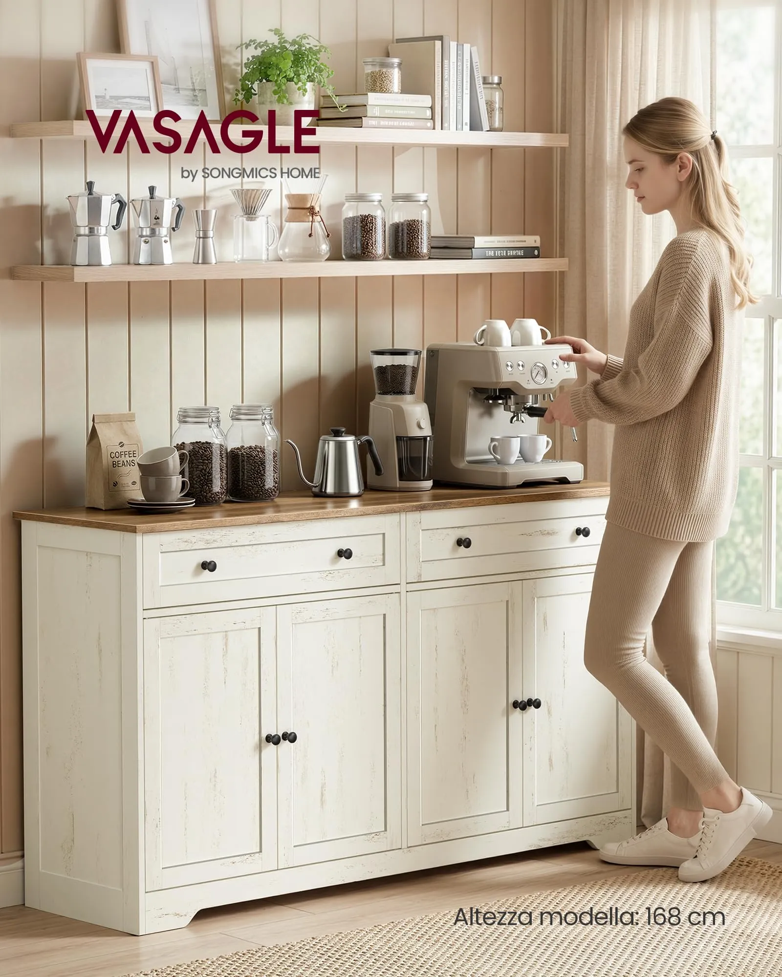 VASAGLE Siren Credenza Madia, Mobile Soggiorno in Truciolato, 140 x 40 x 80 cm, Bianco Nuvola, LSC541WJ01 - immagine 2