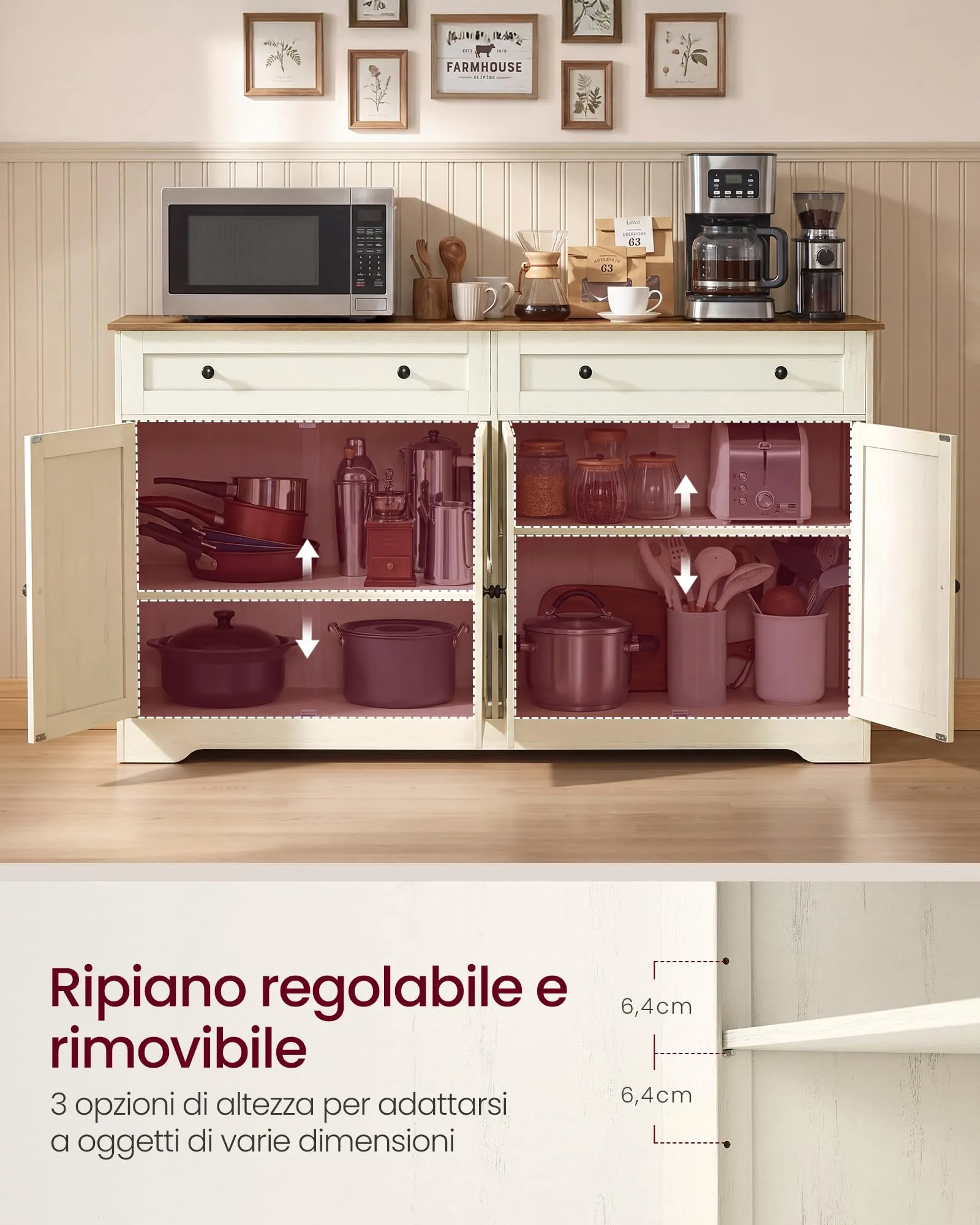 VASAGLE Siren Credenza Madia, Mobile Soggiorno in Truciolato, 140 x 40 x 80 cm, Bianco Nuvola, LSC541WJ01 - immagine 3