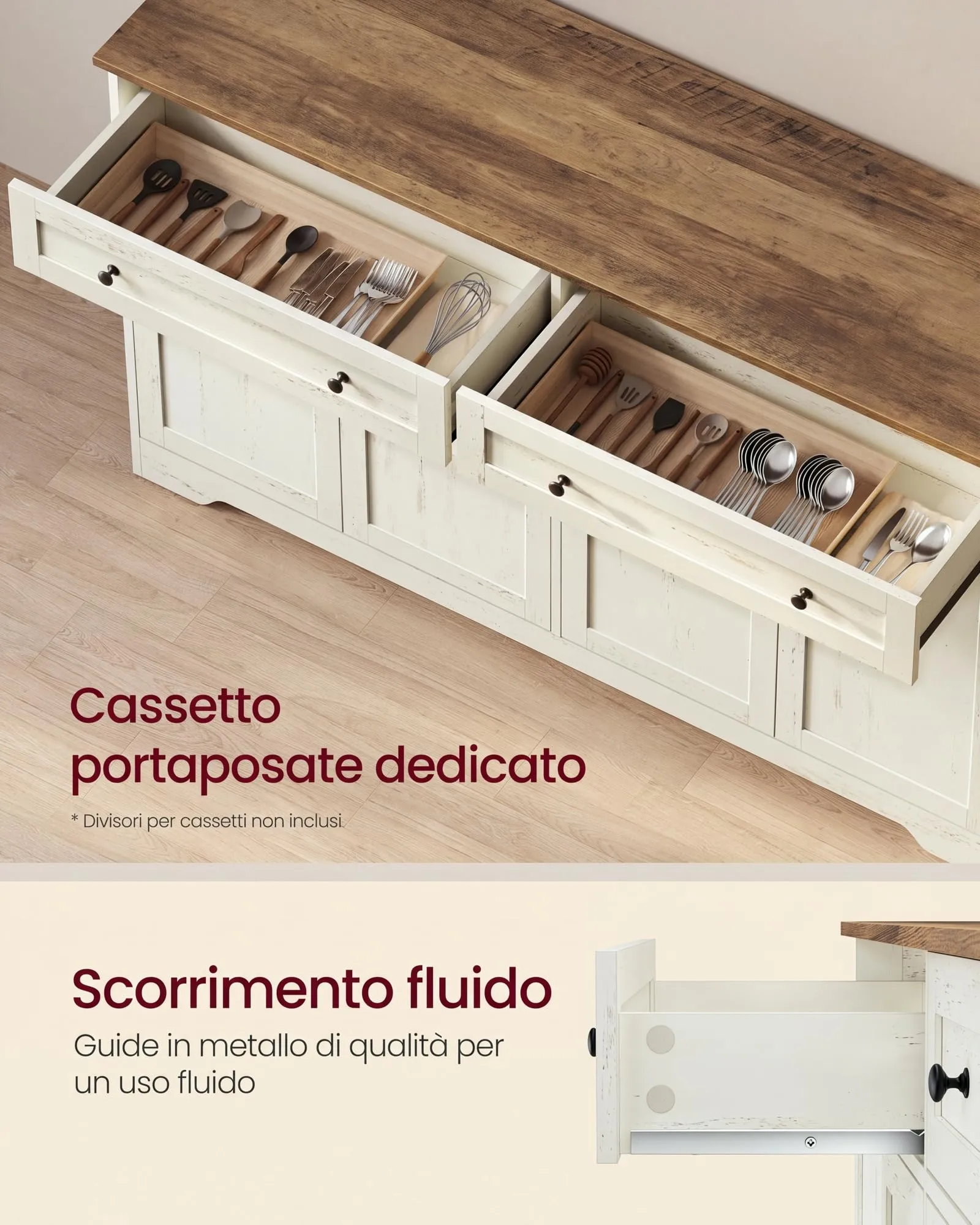 VASAGLE Siren Credenza Madia, Mobile Soggiorno in Truciolato, 140 x 40 x 80 cm, Bianco Nuvola, LSC541WJ01 - immagine 4