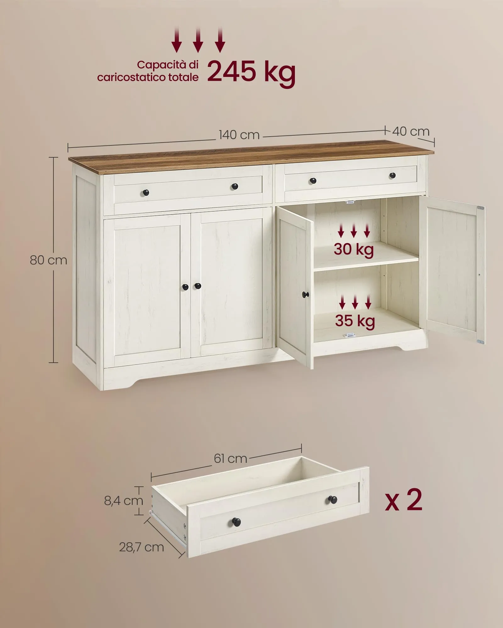 VASAGLE Siren Credenza Madia, Mobile Soggiorno in Truciolato, 140 x 40 x 80 cm, Bianco Nuvola, LSC541WJ01 - immagine 5