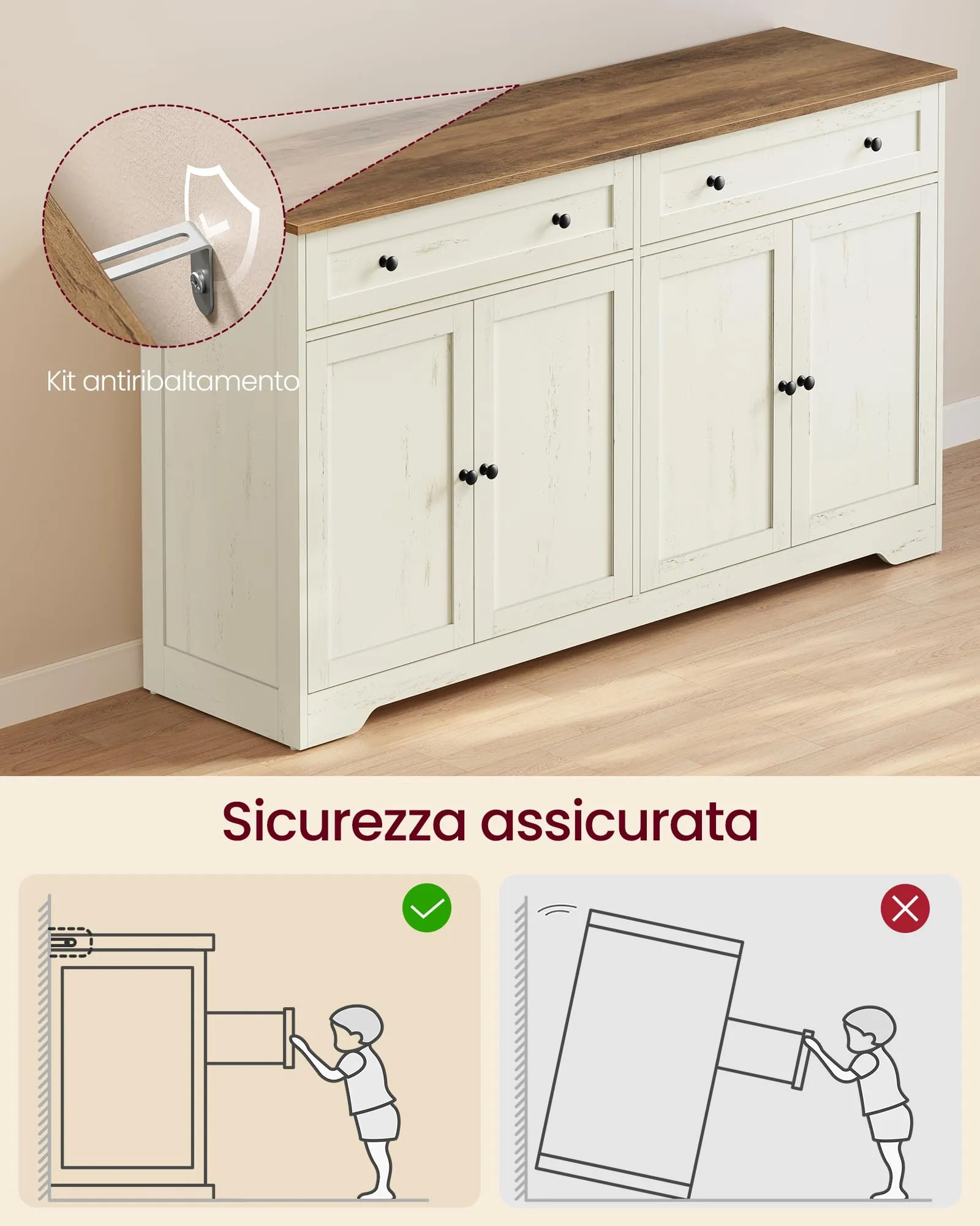 VASAGLE Siren Credenza Madia, Mobile Soggiorno in Truciolato, 140 x 40 x 80 cm, Bianco Nuvola, LSC541WJ01 - immagine 6