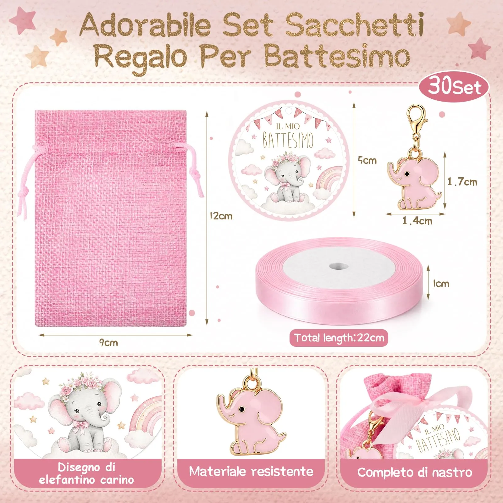 BBTO Set Bomboniere per Battesimo Elefante Rosa, 30 Set - immagine 3