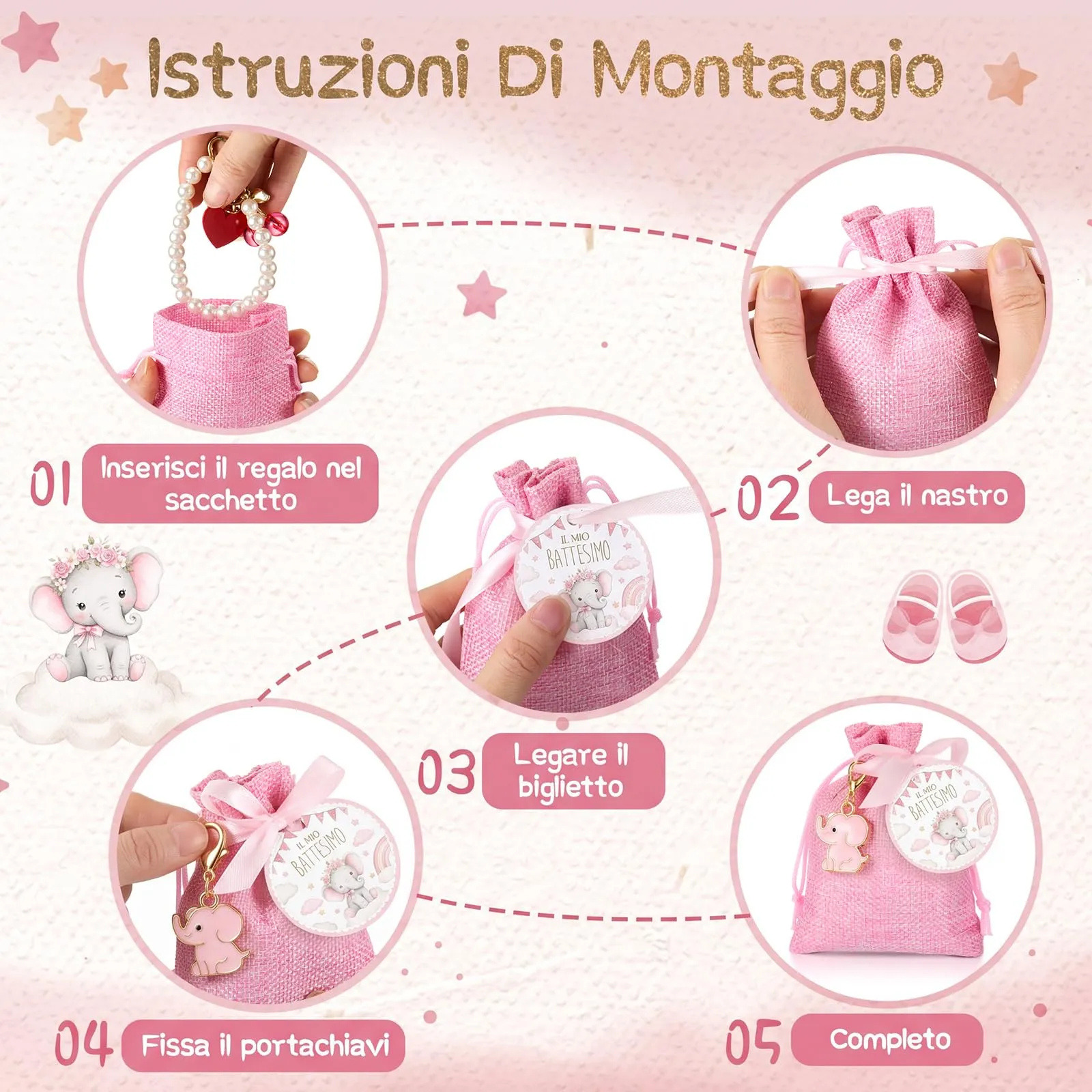 BBTO Set Bomboniere per Battesimo Elefante Rosa, 30 Set - immagine 4
