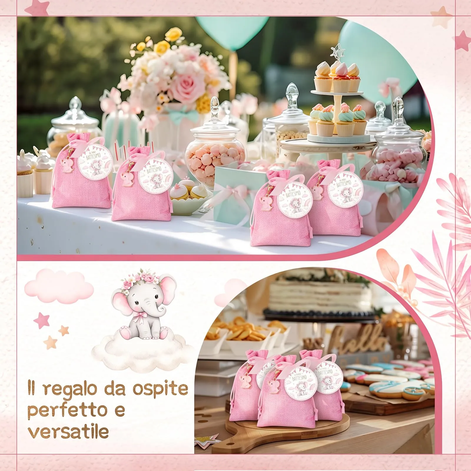 BBTO Set Bomboniere per Battesimo Elefante Rosa, 30 Set - immagine 6
