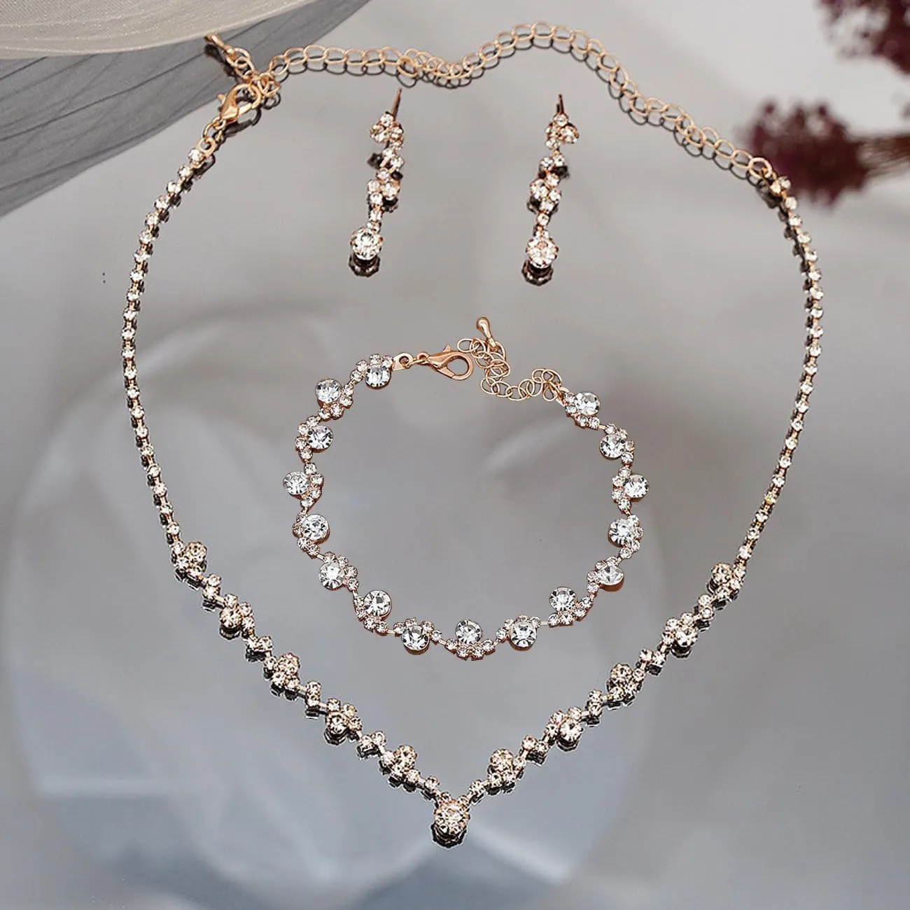 BWOOOWE Parure Gioielli Sposa con Collana Tennis, Bracciale Tennis e Orecchini Pendenti (Argento B) - immagine 3