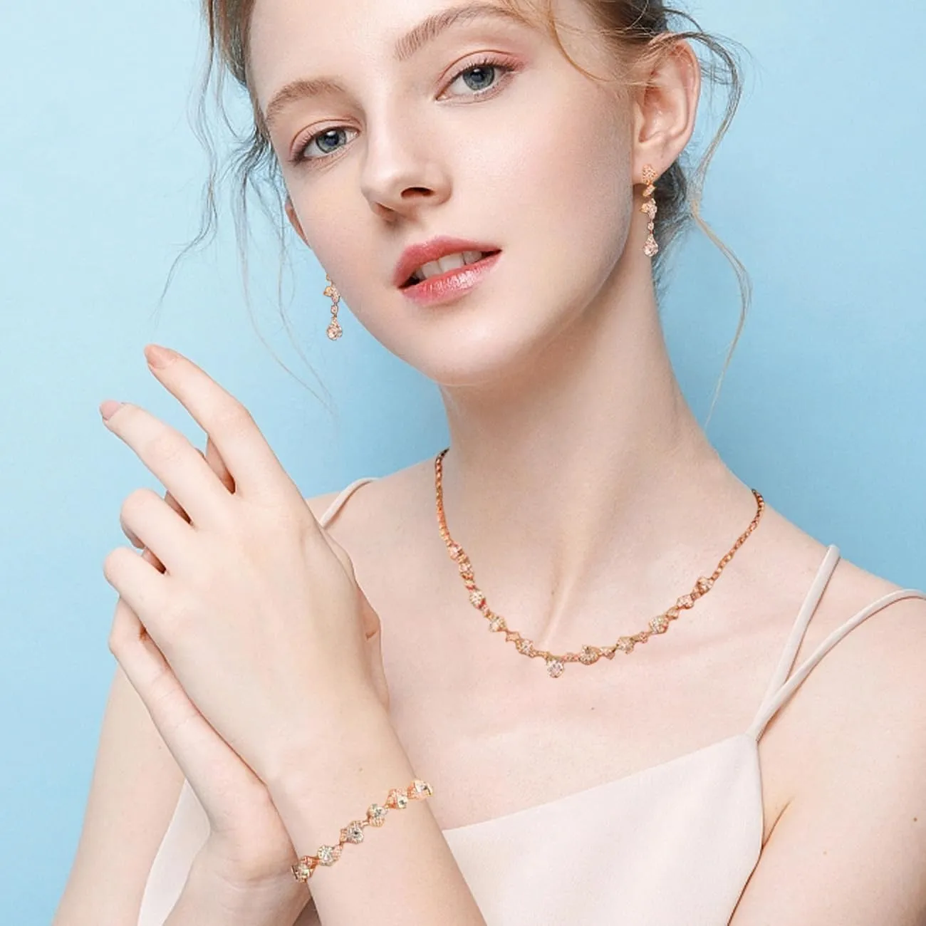 BWOOOWE Parure Gioielli Sposa con Collana Tennis, Bracciale Tennis e Orecchini Pendenti (Argento B) - immagine 5