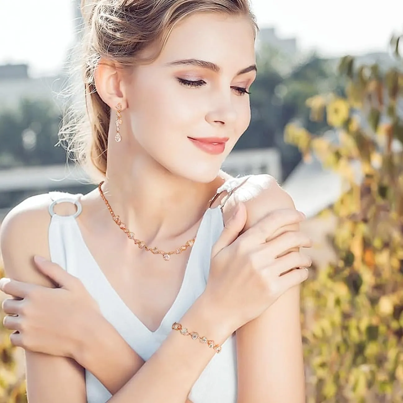 BWOOOWE Parure Gioielli Sposa con Collana Tennis, Bracciale Tennis e Orecchini Pendenti (Argento B) - immagine 7