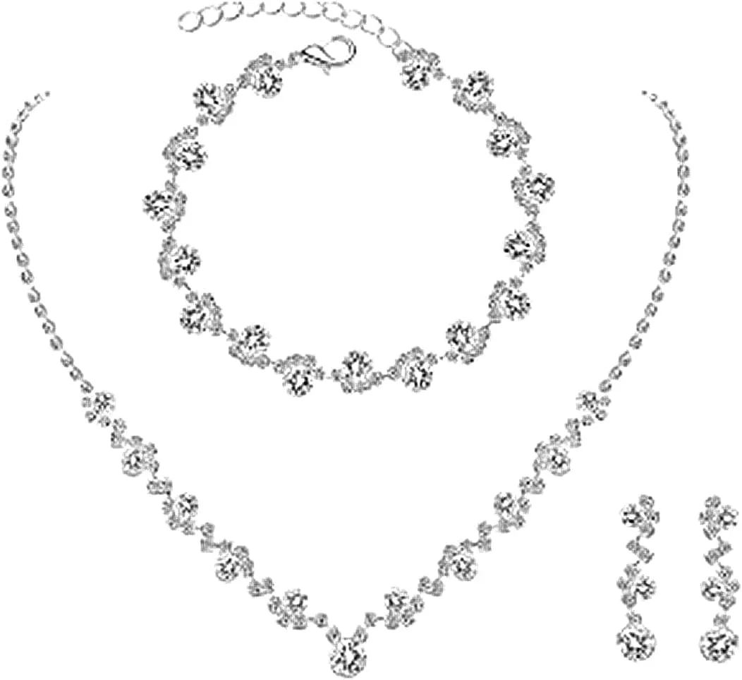 BWOOOWE Parure Gioielli Sposa Donna con Collana Tennis, Bracciale Tennis e Orecchini Pendenti - Argento A - immagine 1