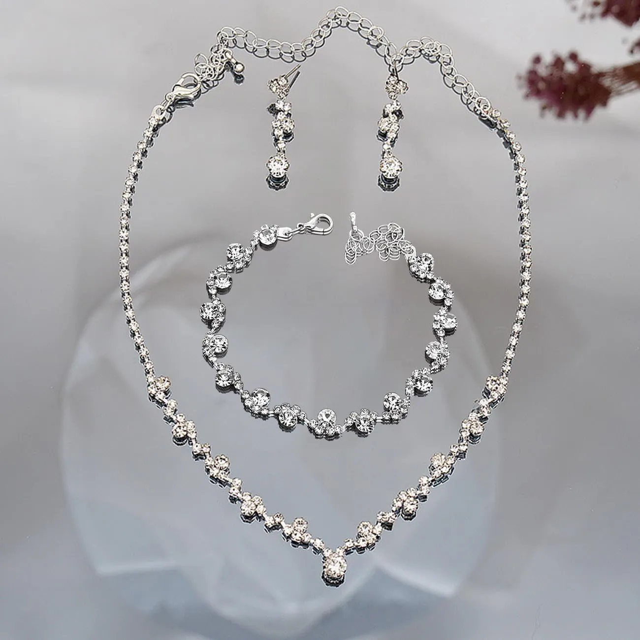 BWOOOWE Parure Gioielli Sposa Donna con Collana Tennis, Bracciale Tennis e Orecchini Pendenti - Argento A - immagine 3