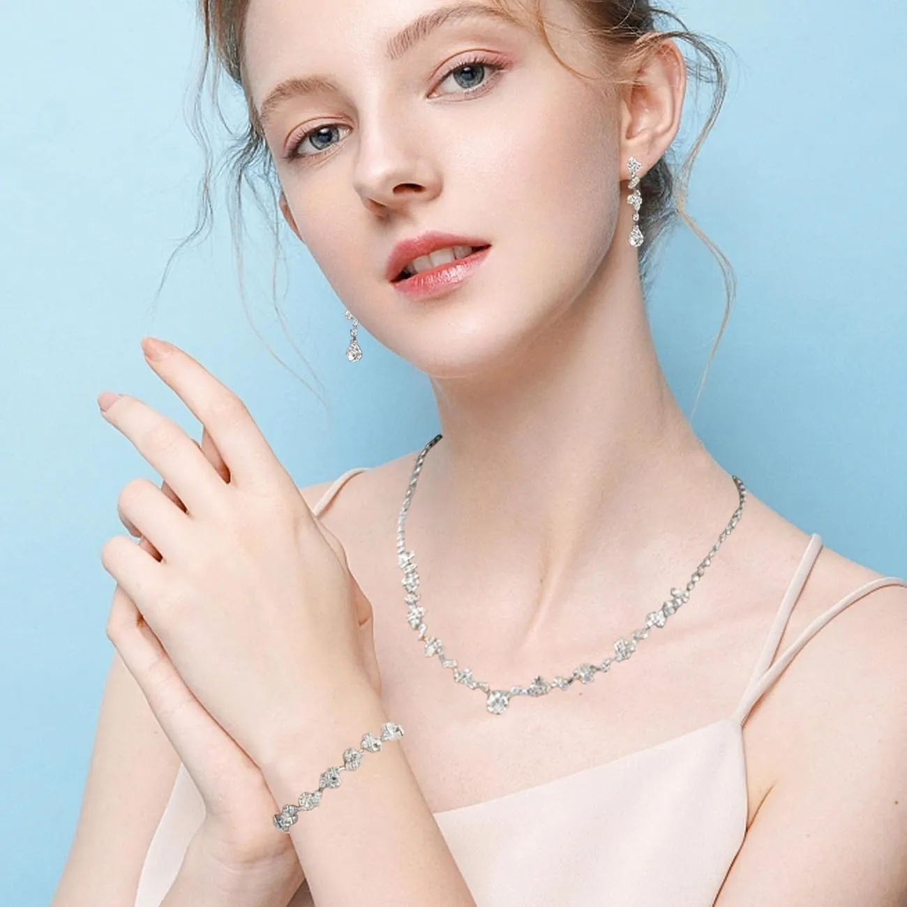 BWOOOWE Parure Gioielli Sposa Donna con Collana Tennis, Bracciale Tennis e Orecchini Pendenti - Argento A - immagine 5