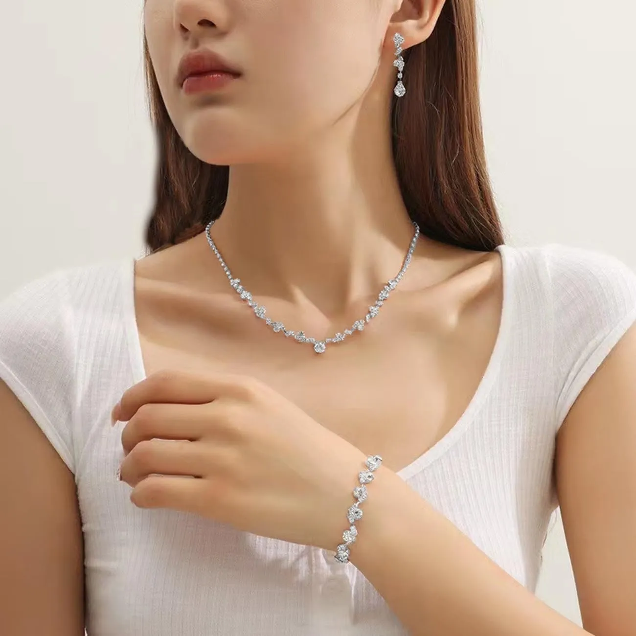 BWOOOWE Parure Gioielli Sposa Donna con Collana Tennis, Bracciale Tennis e Orecchini Pendenti - Argento A - immagine 6