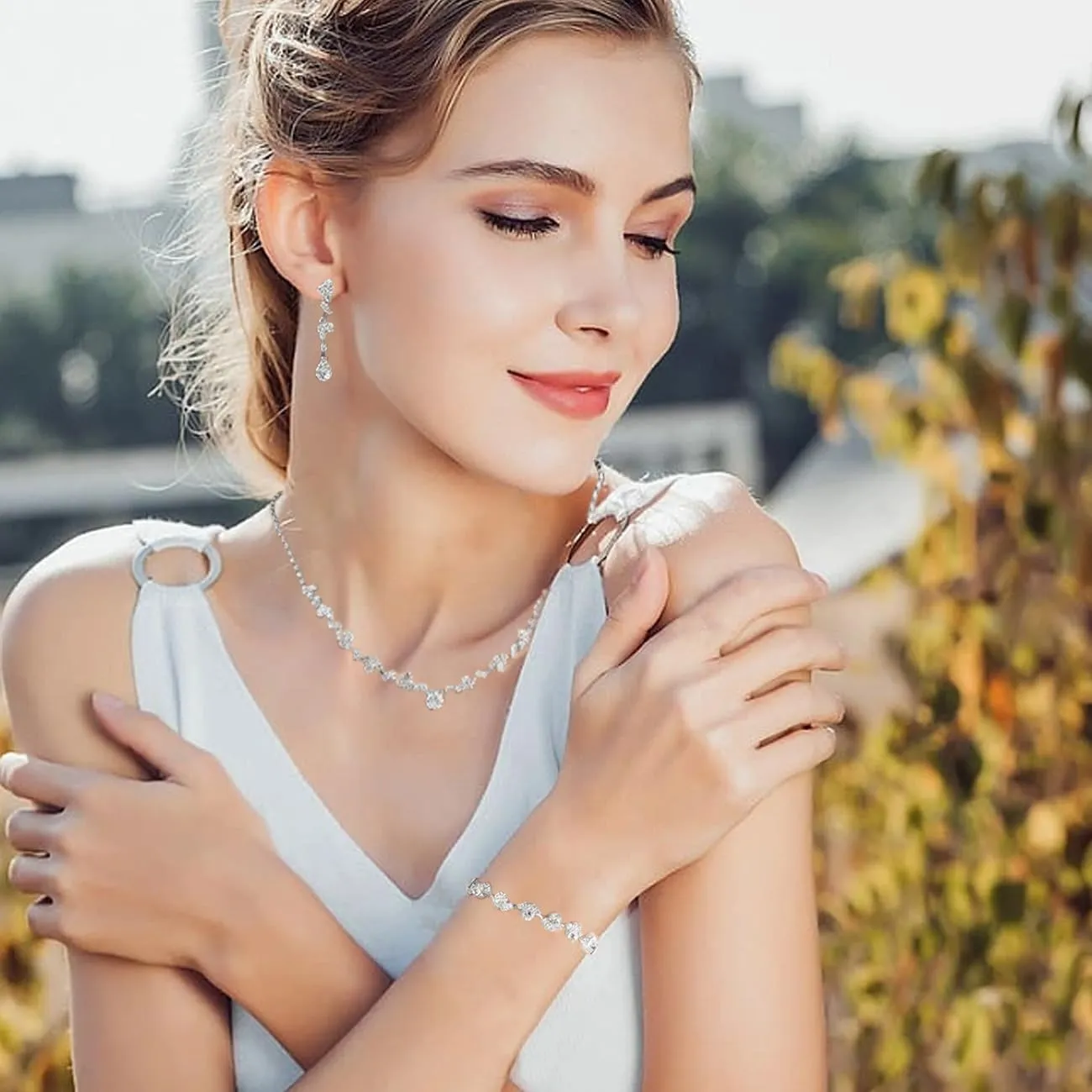 BWOOOWE Parure Gioielli Sposa Donna con Collana Tennis, Bracciale Tennis e Orecchini Pendenti - Argento A - immagine 7