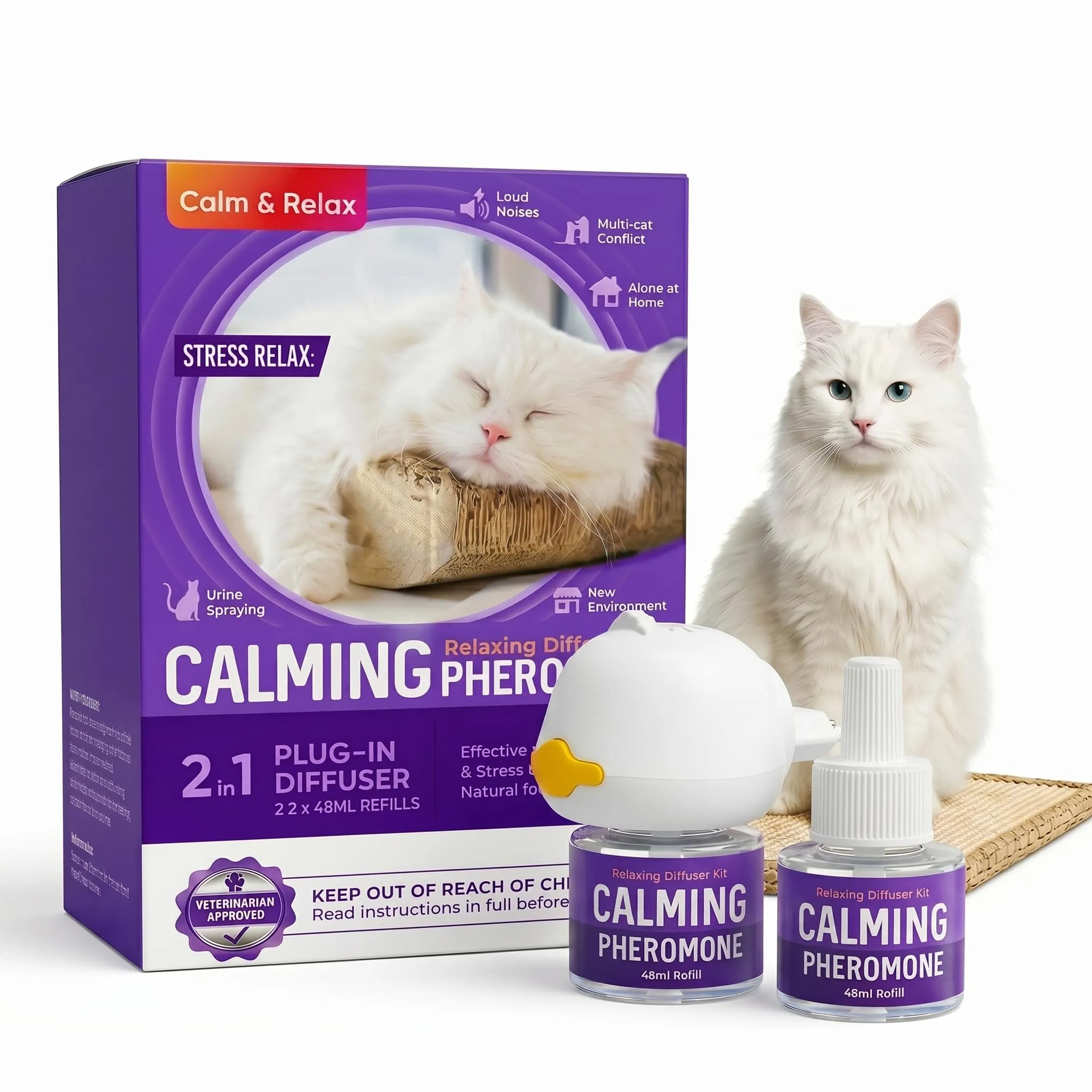 ELEMPURE Diffusore Feromoni per Gatti 2 in 1, 1 Diffusore + 2 Ricariche da 48 ml - immagine 1