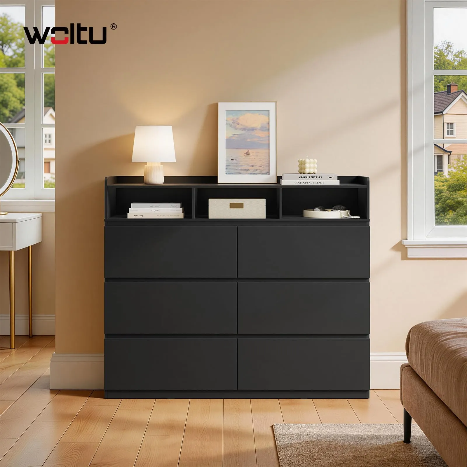 WOLTU Cassettiera con 6 Cassetti e 3 Scomparti Aperti, 120 x 40 x 100 cm, Nero - immagine 2