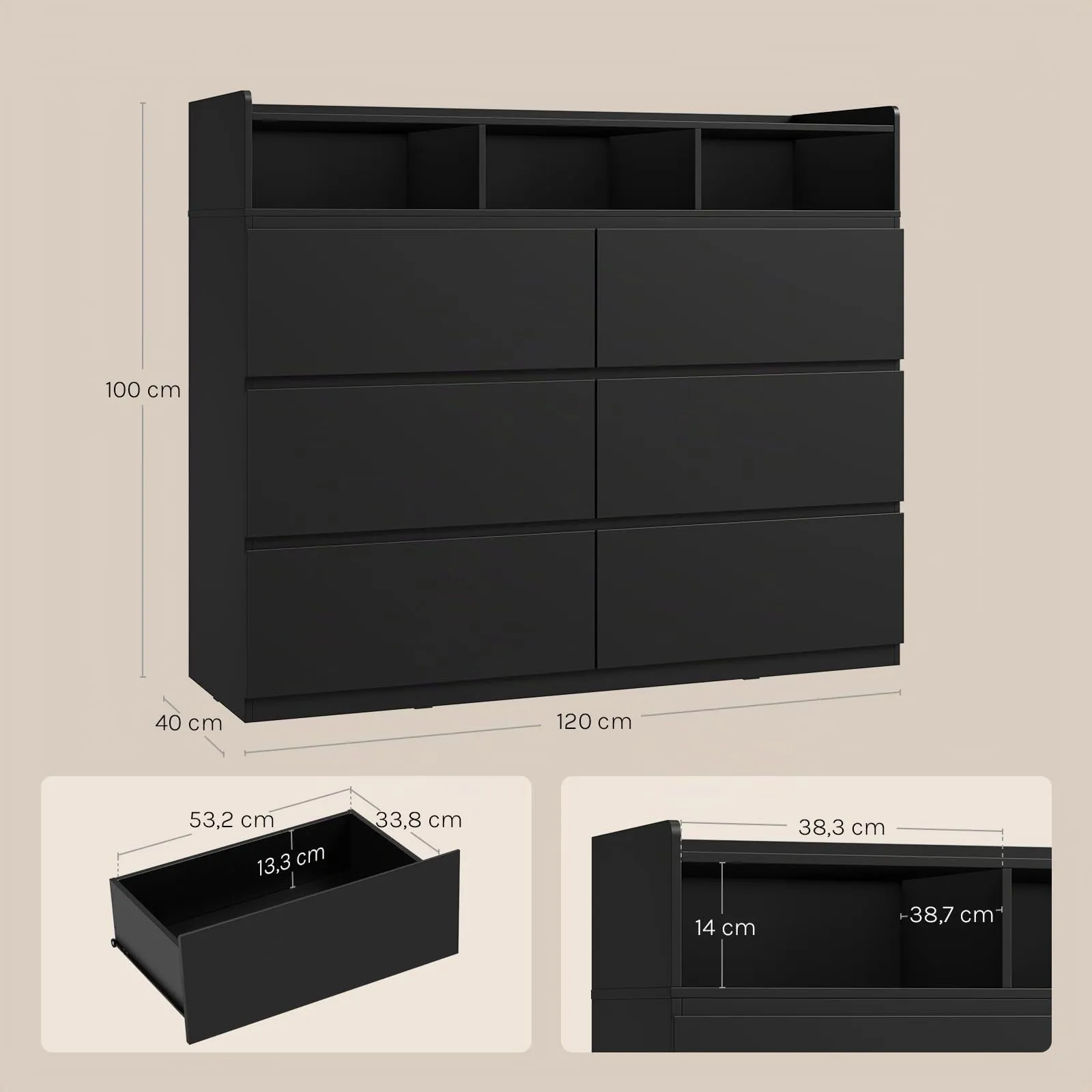 WOLTU Cassettiera con 6 Cassetti e 3 Scomparti Aperti, 120 x 40 x 100 cm, Nero - immagine 3