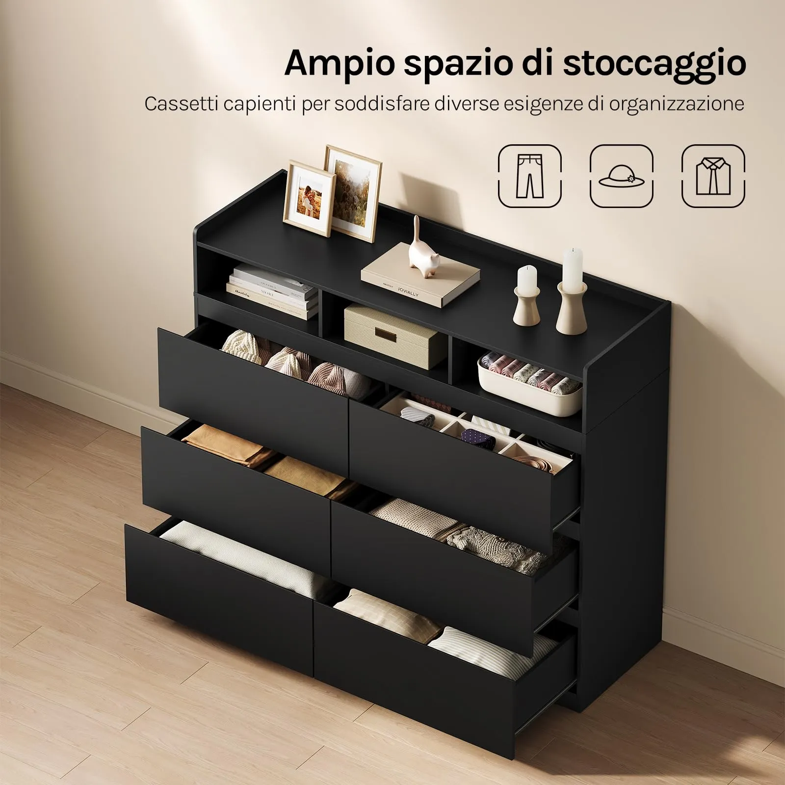 WOLTU Cassettiera con 6 Cassetti e 3 Scomparti Aperti, 120 x 40 x 100 cm, Nero - immagine 4