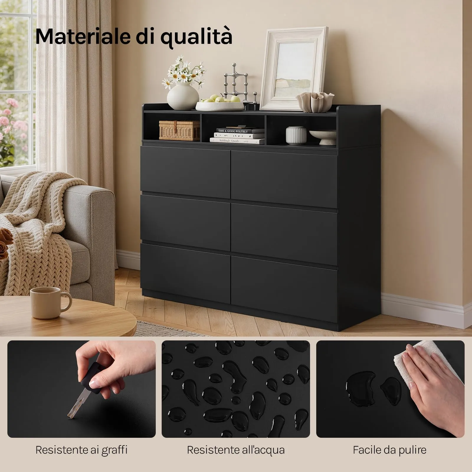 WOLTU Cassettiera con 6 Cassetti e 3 Scomparti Aperti, 120 x 40 x 100 cm, Nero - immagine 5