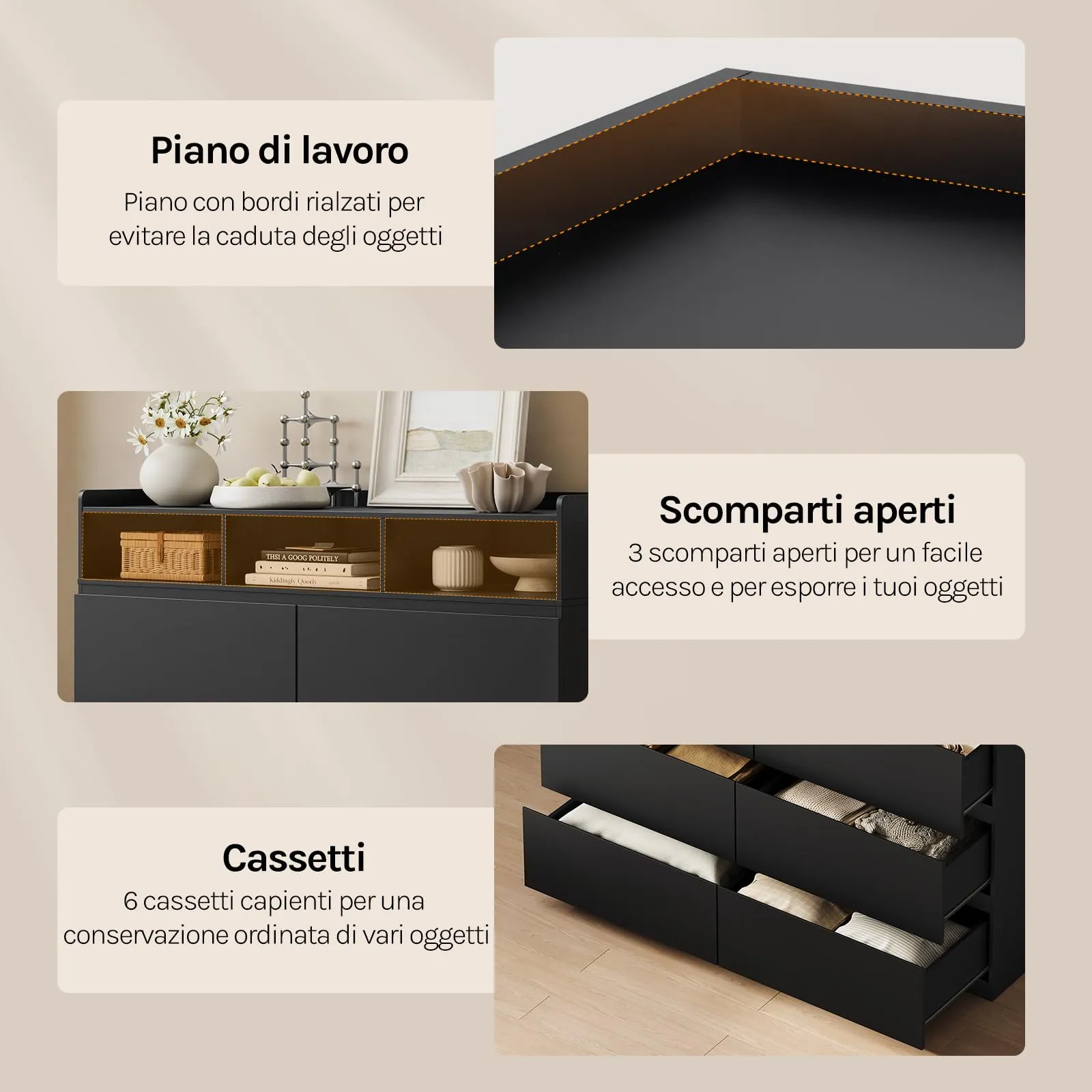 WOLTU Cassettiera con 6 Cassetti e 3 Scomparti Aperti, 120 x 40 x 100 cm, Nero - immagine 6