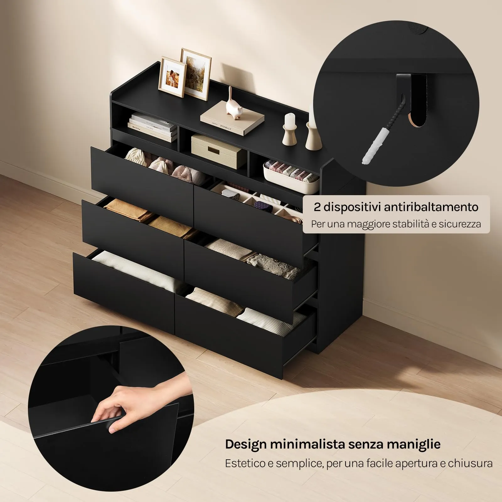 WOLTU Cassettiera con 6 Cassetti e 3 Scomparti Aperti, 120 x 40 x 100 cm, Nero - immagine 7