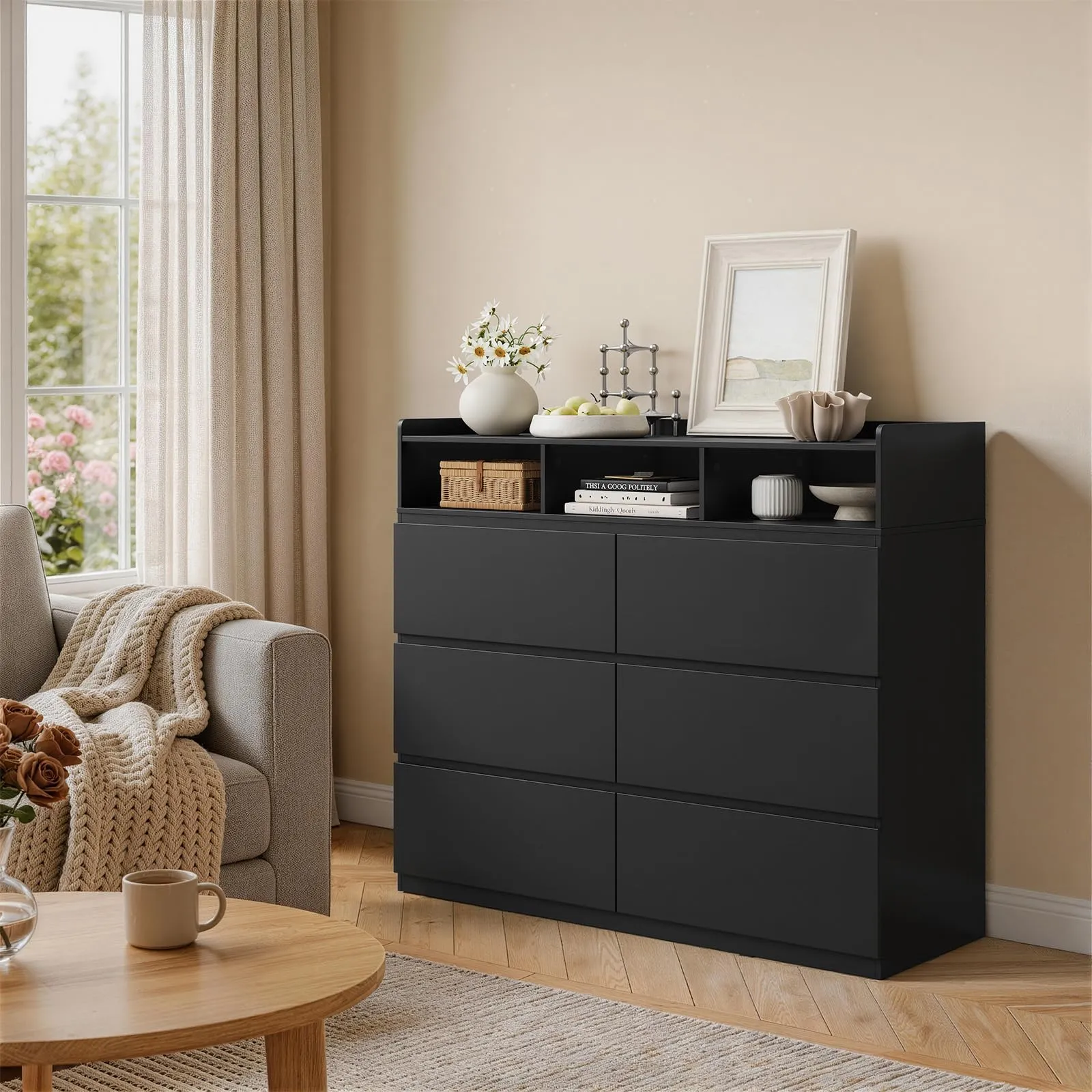 WOLTU Cassettiera con 6 Cassetti e 3 Scomparti Aperti, 120 x 40 x 100 cm, Nero - immagine 9