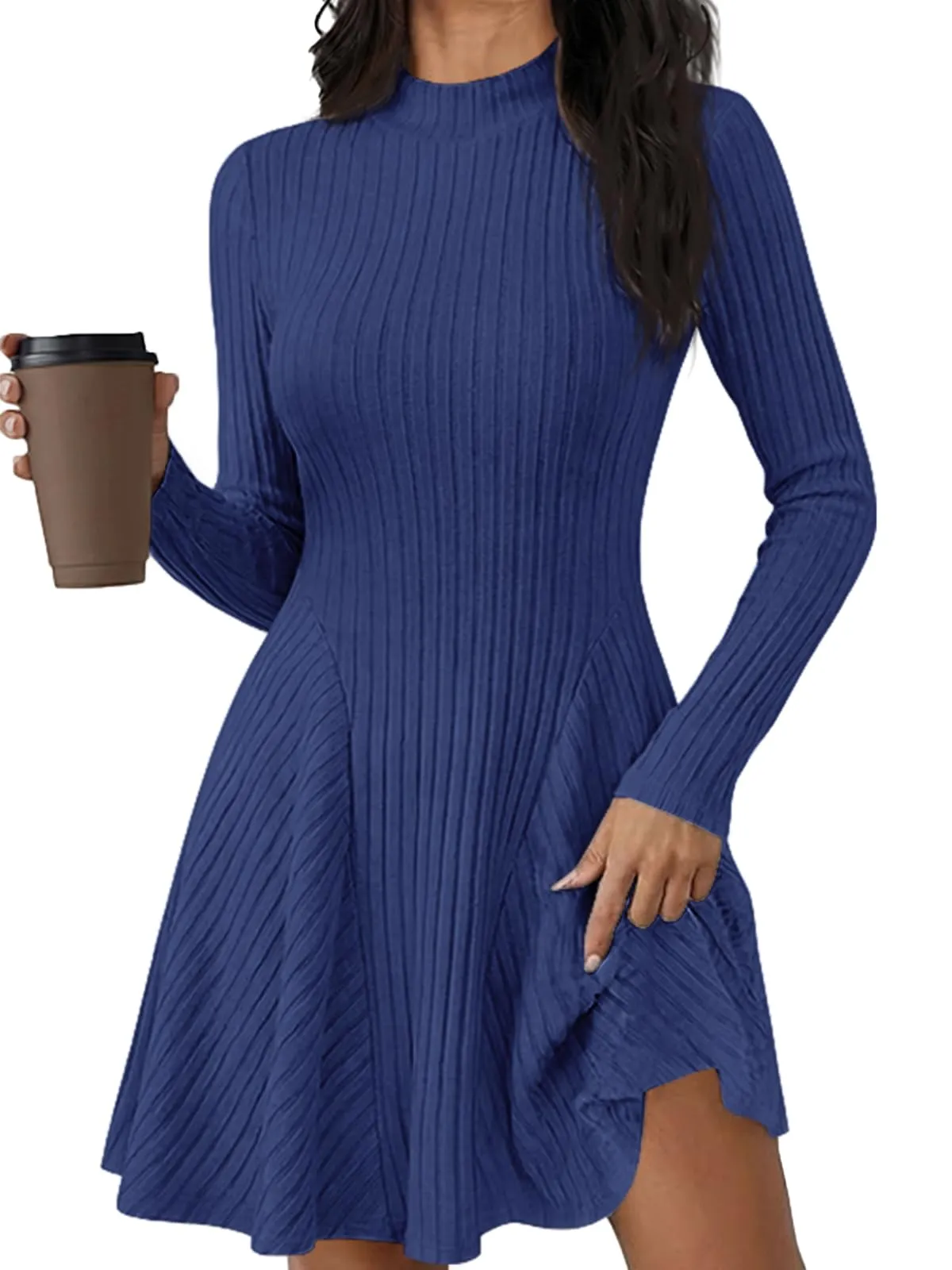 Saodimallsu Vestito in maglia da donna con mezza scollatura a costine, Blu - immagine 1