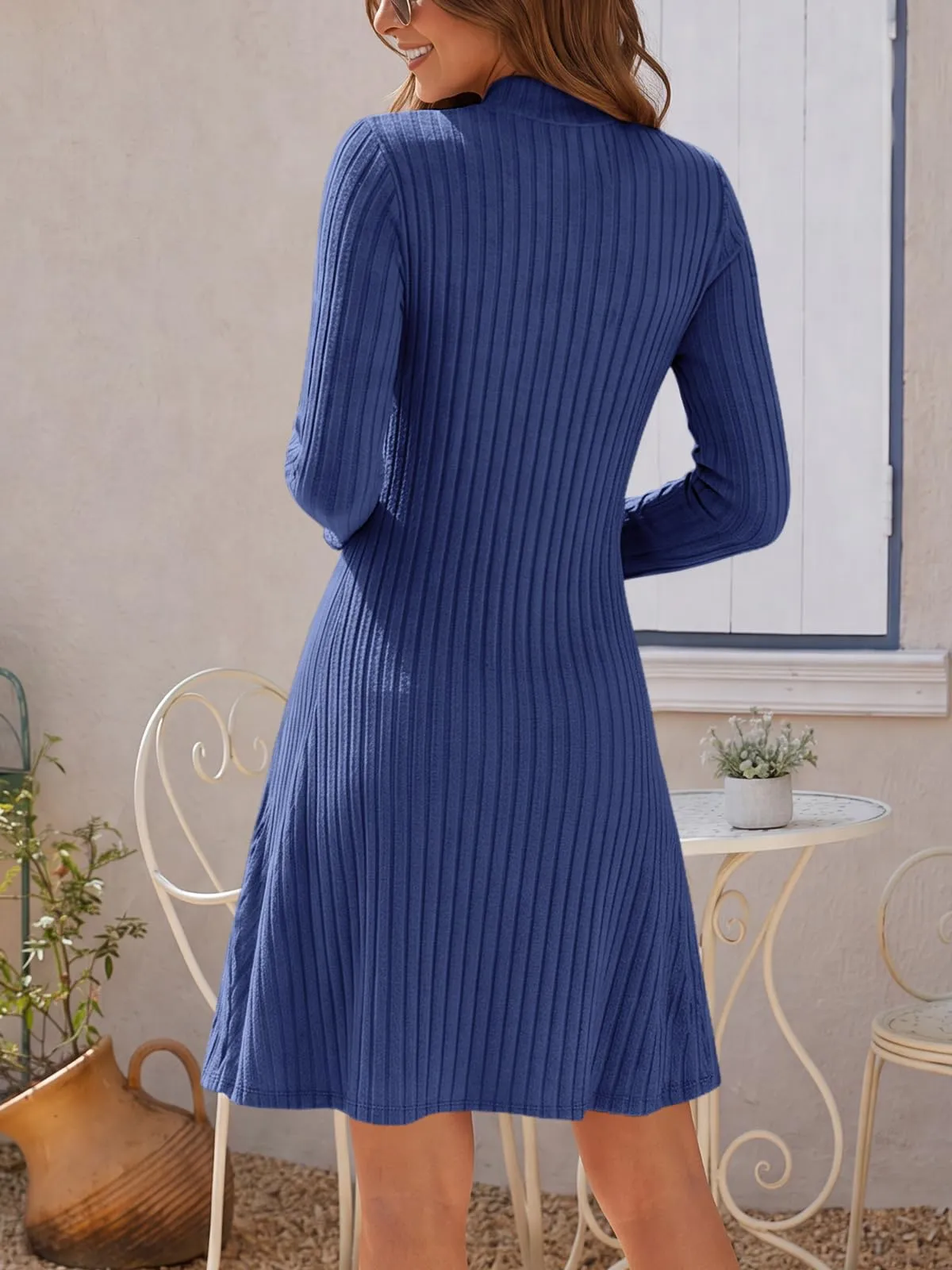 Saodimallsu Vestito in maglia da donna con mezza scollatura a costine, Blu - immagine 4
