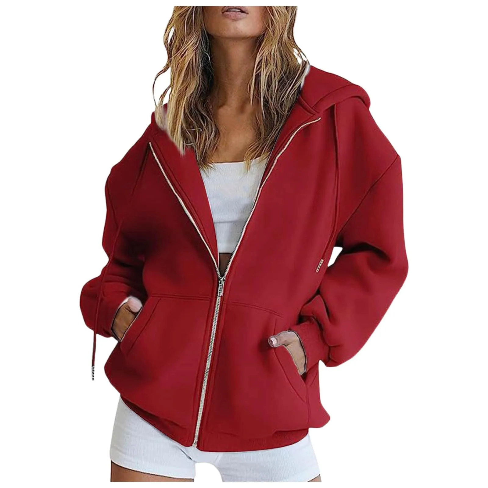 Generico Felpa Donna con Cappuccio e Zip, Giacca Sportiva in Cotone, Tinta Unita, Rosso, XXL - immagine 2