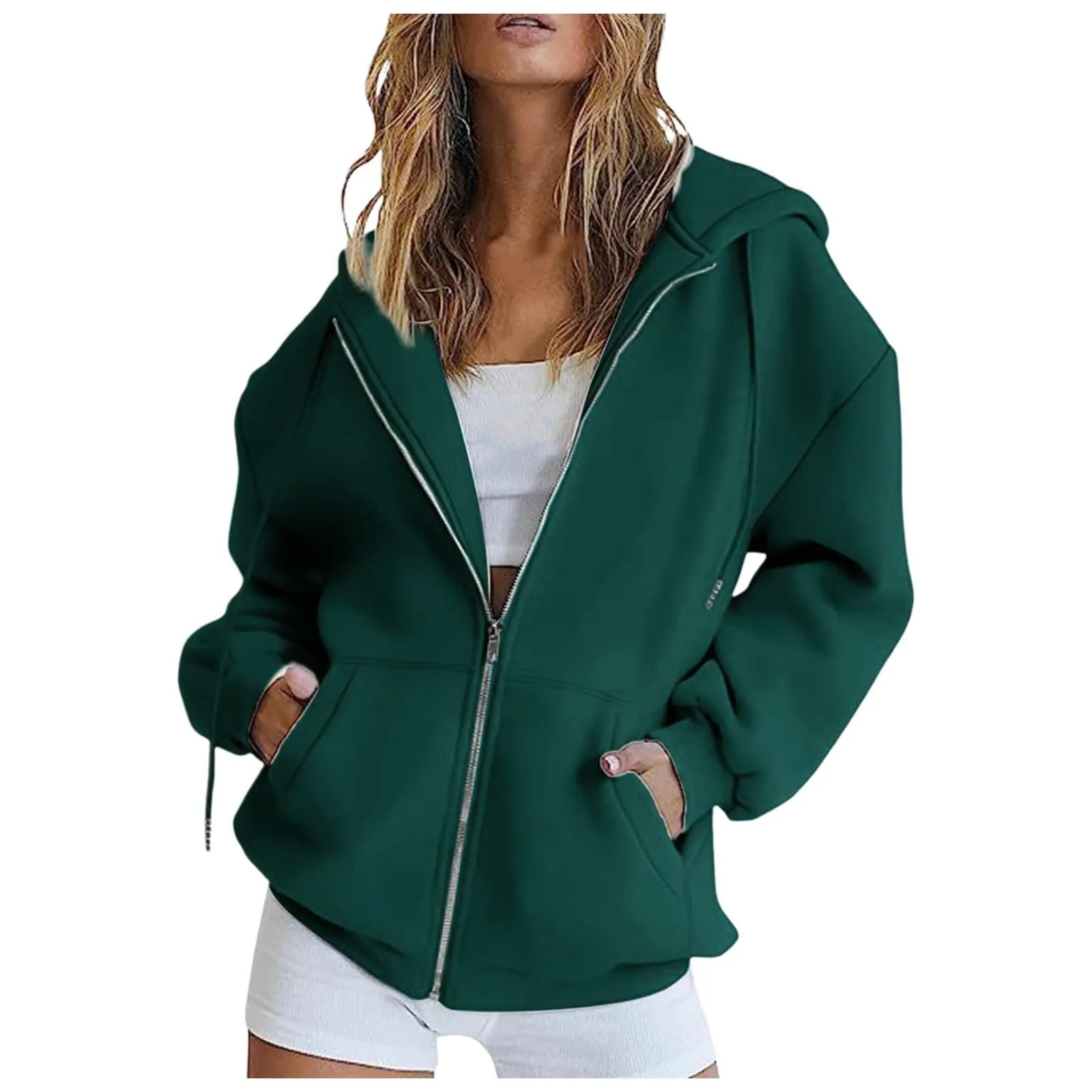 Generico Felpa Donna con Cappuccio e Zip, Giacca Sportiva in Cotone, Tinta Unita, S-3XL - immagine 2