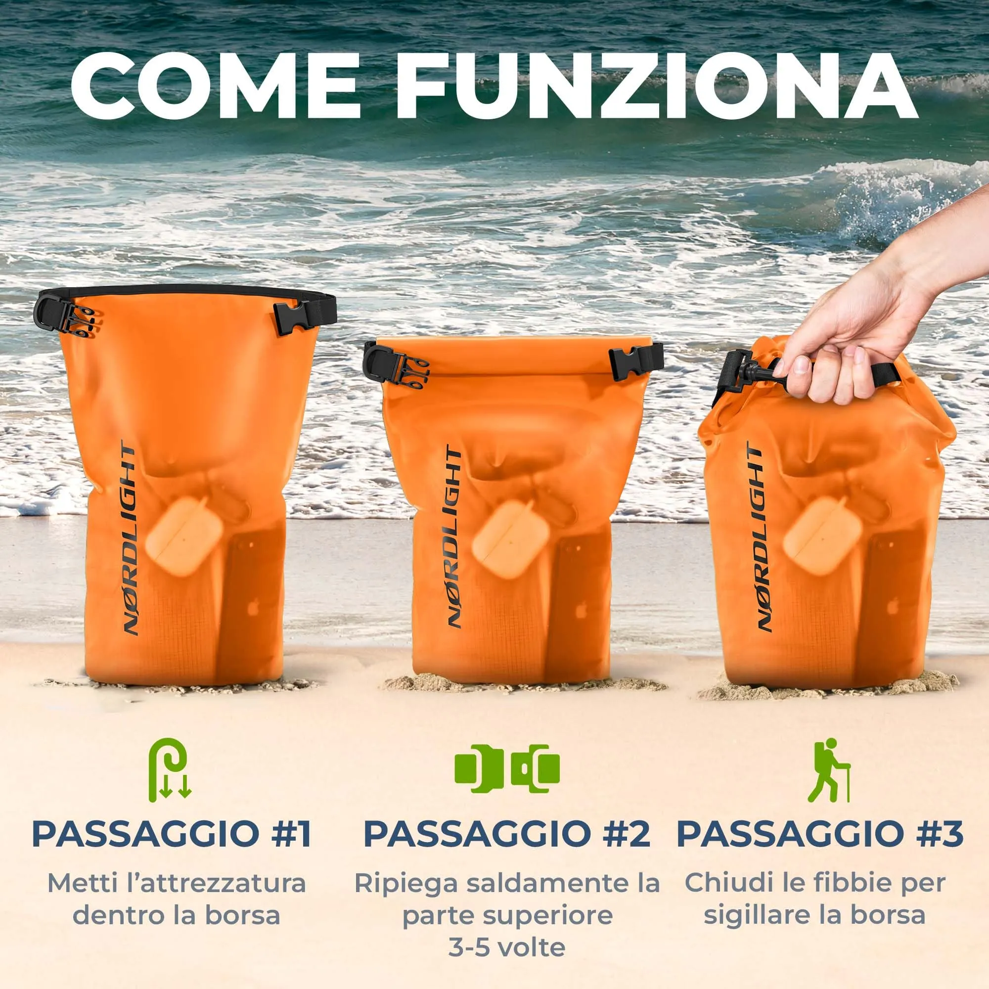 Nordlight Dry Bag Set con Custodia per Cellulare e Marsupio (20L, Arancione) - immagine 8
