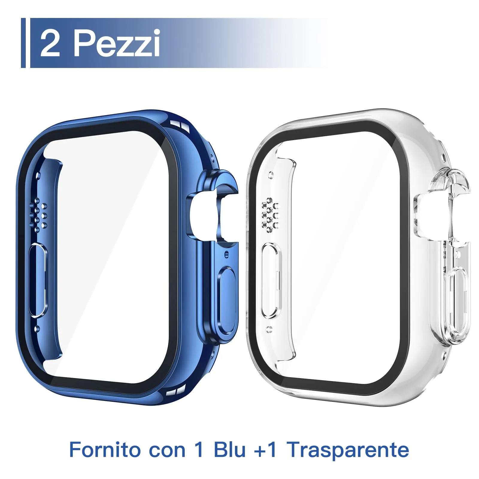 Misxi Cover PC con Vetro Temperato per Apple Watch Ultra 4/3/2/1 49mm, 2 Pezzi (1 Blu + 1 Trasparente) - immagine 2