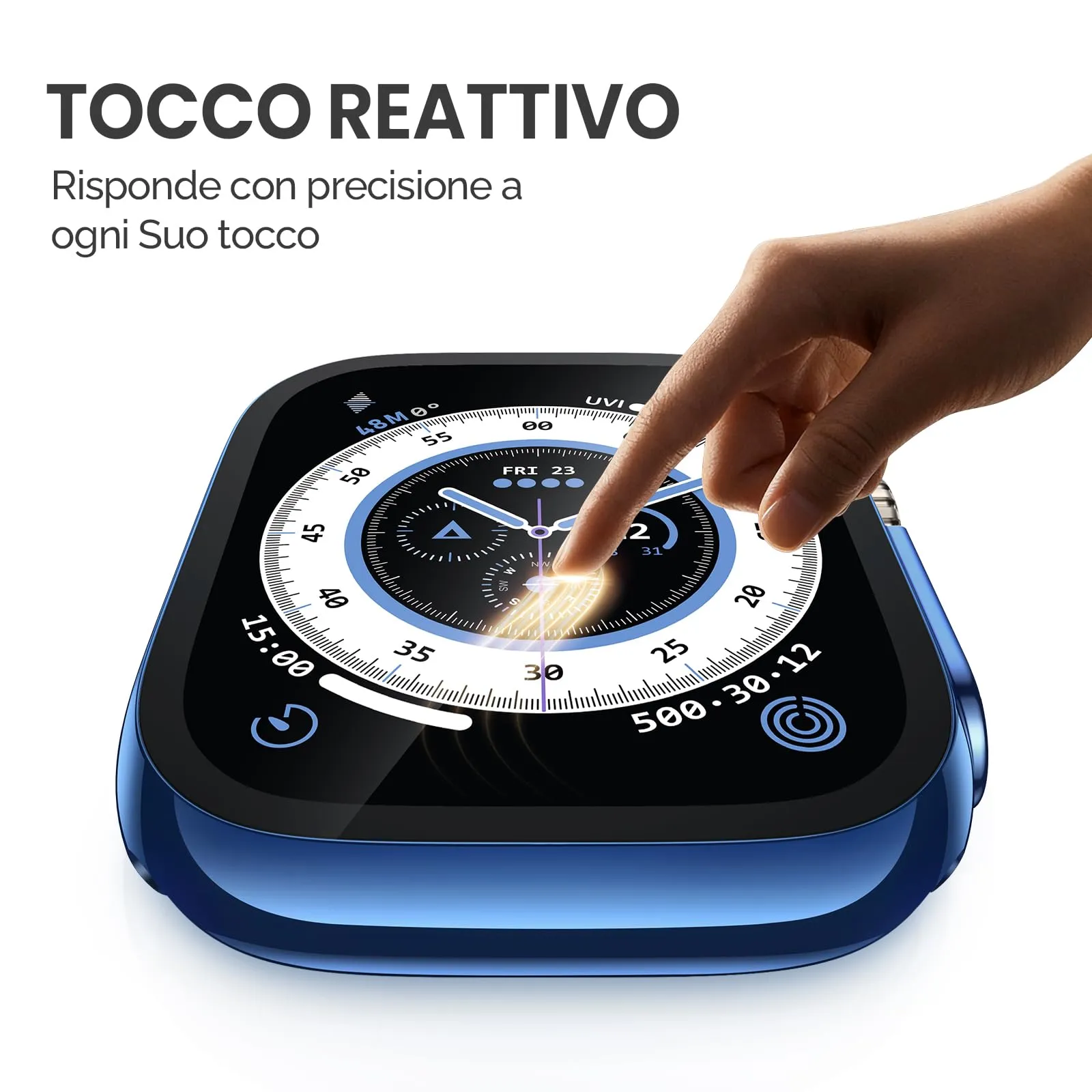 Misxi Cover PC con Vetro Temperato per Apple Watch Ultra 4/3/2/1 49mm, 2 Pezzi (1 Blu + 1 Trasparente) - immagine 3