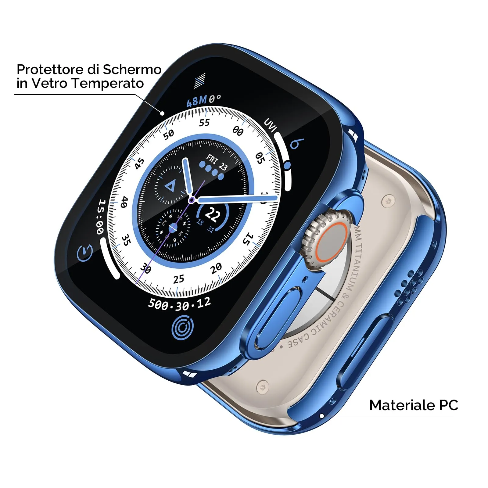 Misxi Cover PC con Vetro Temperato per Apple Watch Ultra 4/3/2/1 49mm, 2 Pezzi (1 Blu + 1 Trasparente) - immagine 4