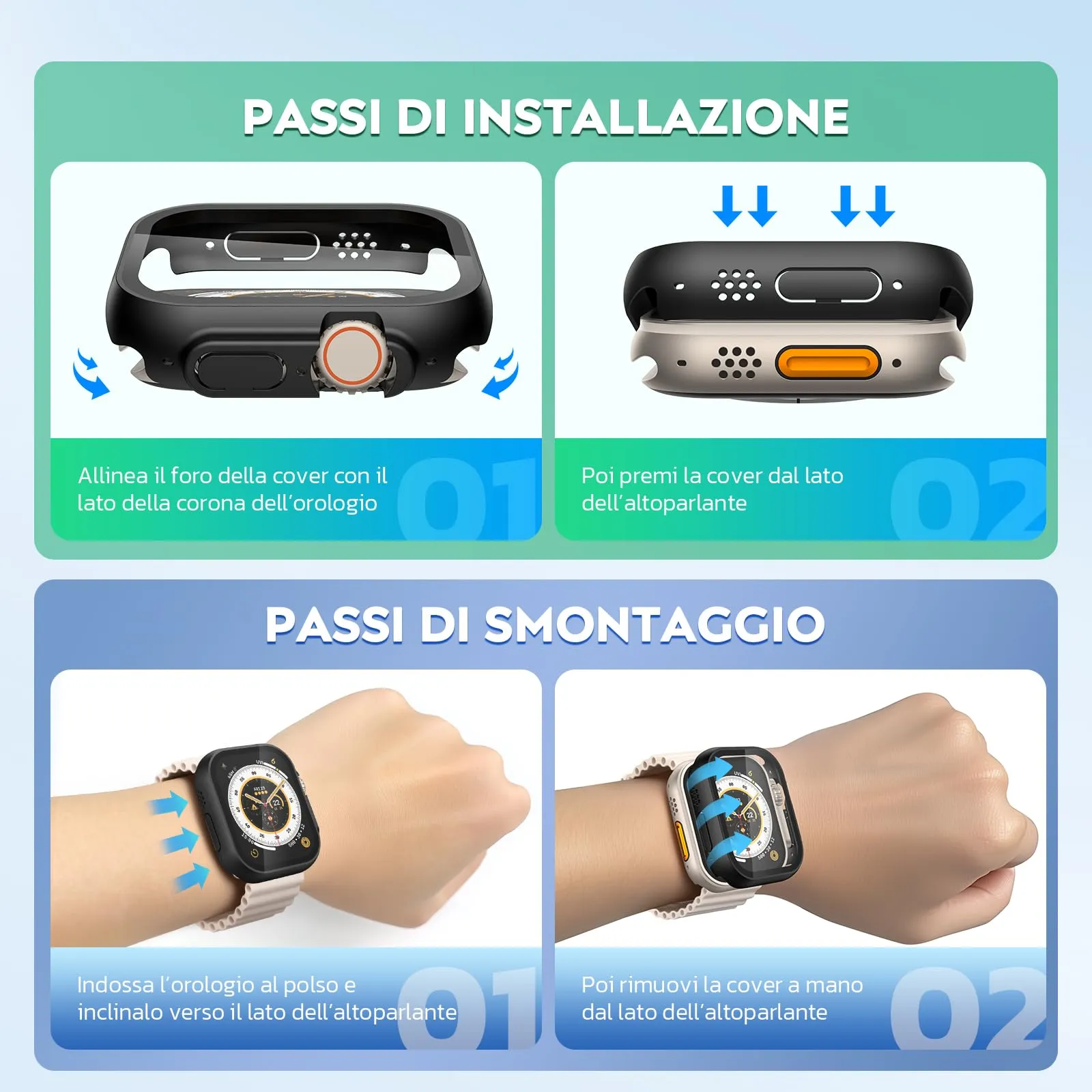 Misxi Cover PC con Vetro Temperato per Apple Watch Ultra 4/3/2/1 49mm, 2 Pezzi (1 Blu + 1 Trasparente) - immagine 7