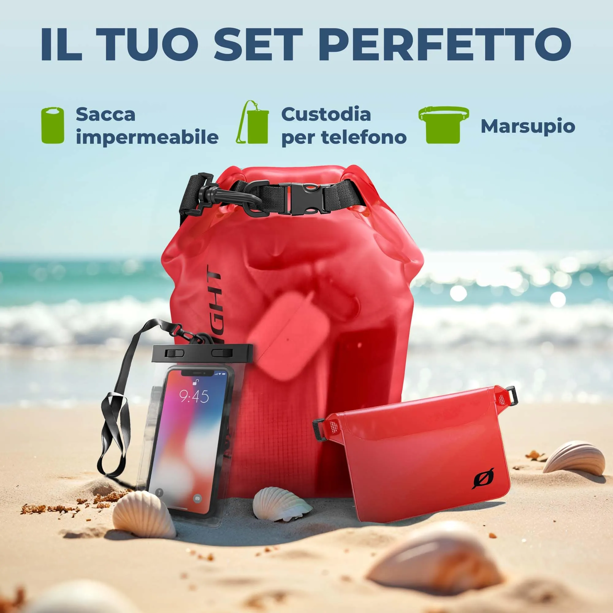 Nordlight Set Dry Bag 10L con Custodia per Cellulare e Marsupio, Rosso - immagine 2
