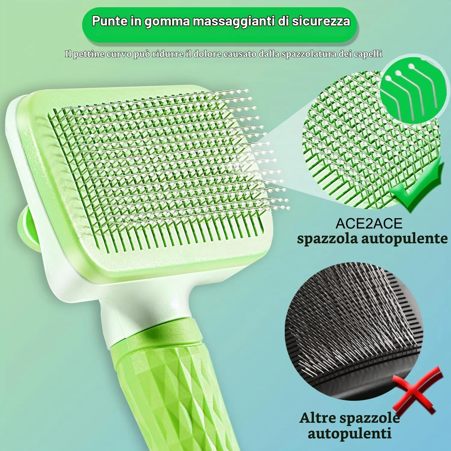 ACE2ACE Spazzola Autopulente per Gatti e Cani, Pelo Lungo e Corto, Verde - immagine 2