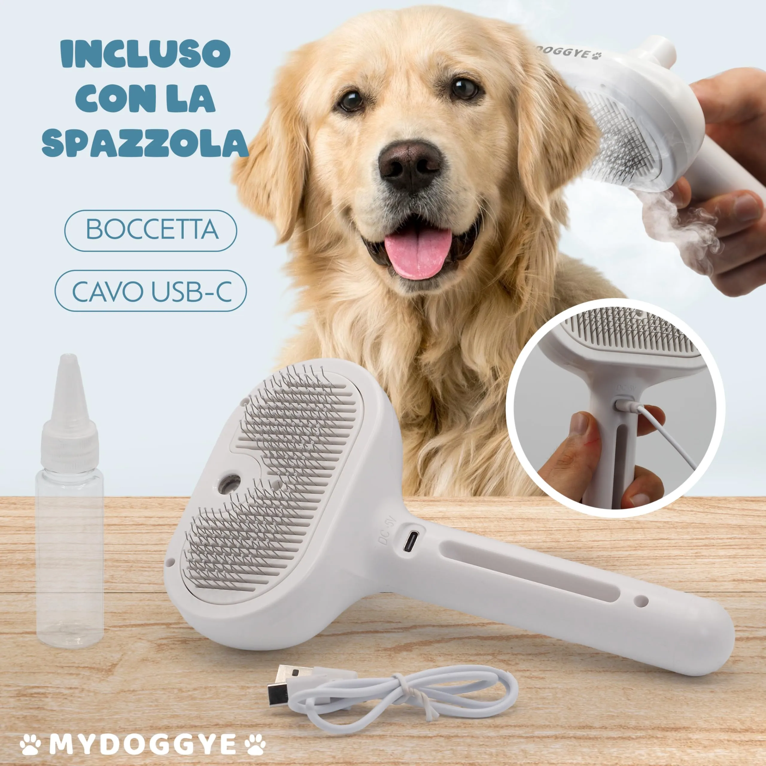 MYDOGGYE Spazzola a Vapore 3in1 per Cani e Gatti, Pelo Lungo e Corto, Ricaricabile USB - immagine 6