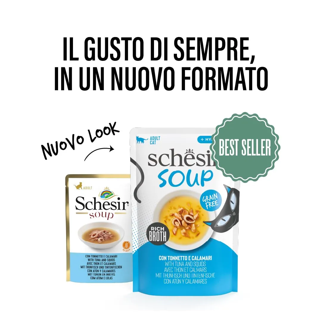 Schesir Zuppa con Filetti di Tonno e Calamari, Cibo Umido Complementare per Gatti, 12 x 40g - immagine 2