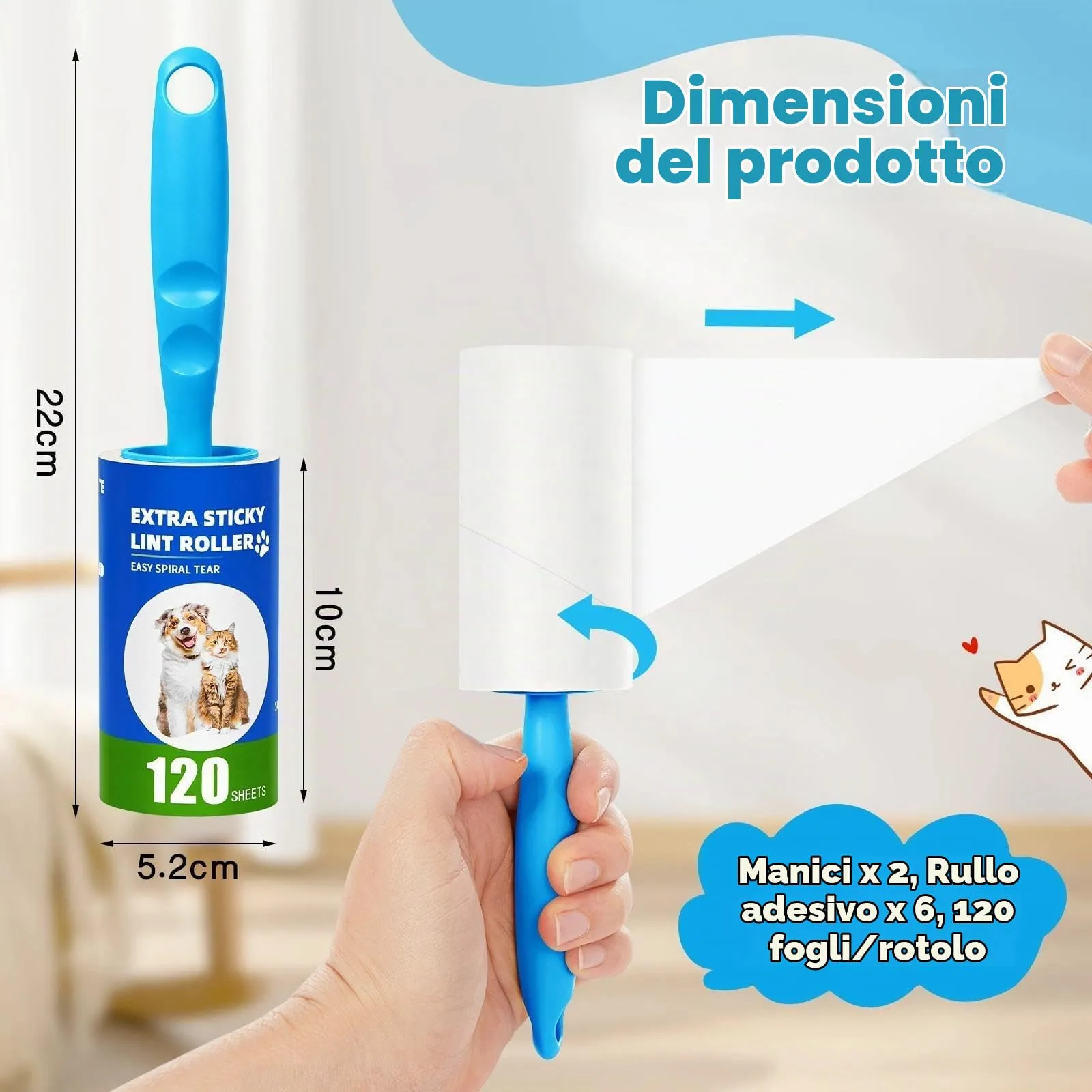 Omtofo Rullo Adesivo Levapelucchi, 6 Rotoli e Manico, 720 Fogli - immagine 2
