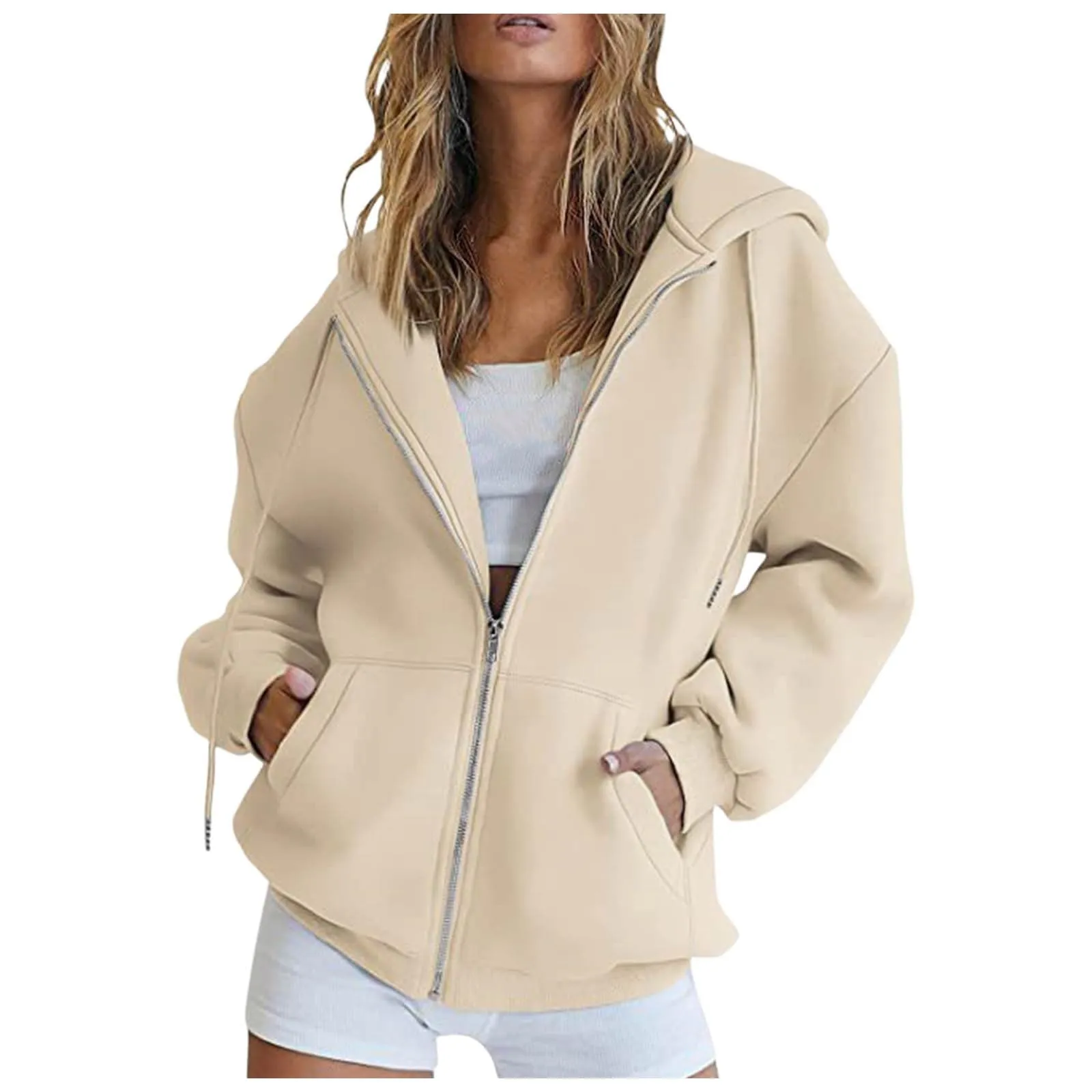 Generico Felpa Donna con Cappuccio e Zip, Giacca Sportiva in Cotone, Tinta Unita, XL, Beige - immagine 1