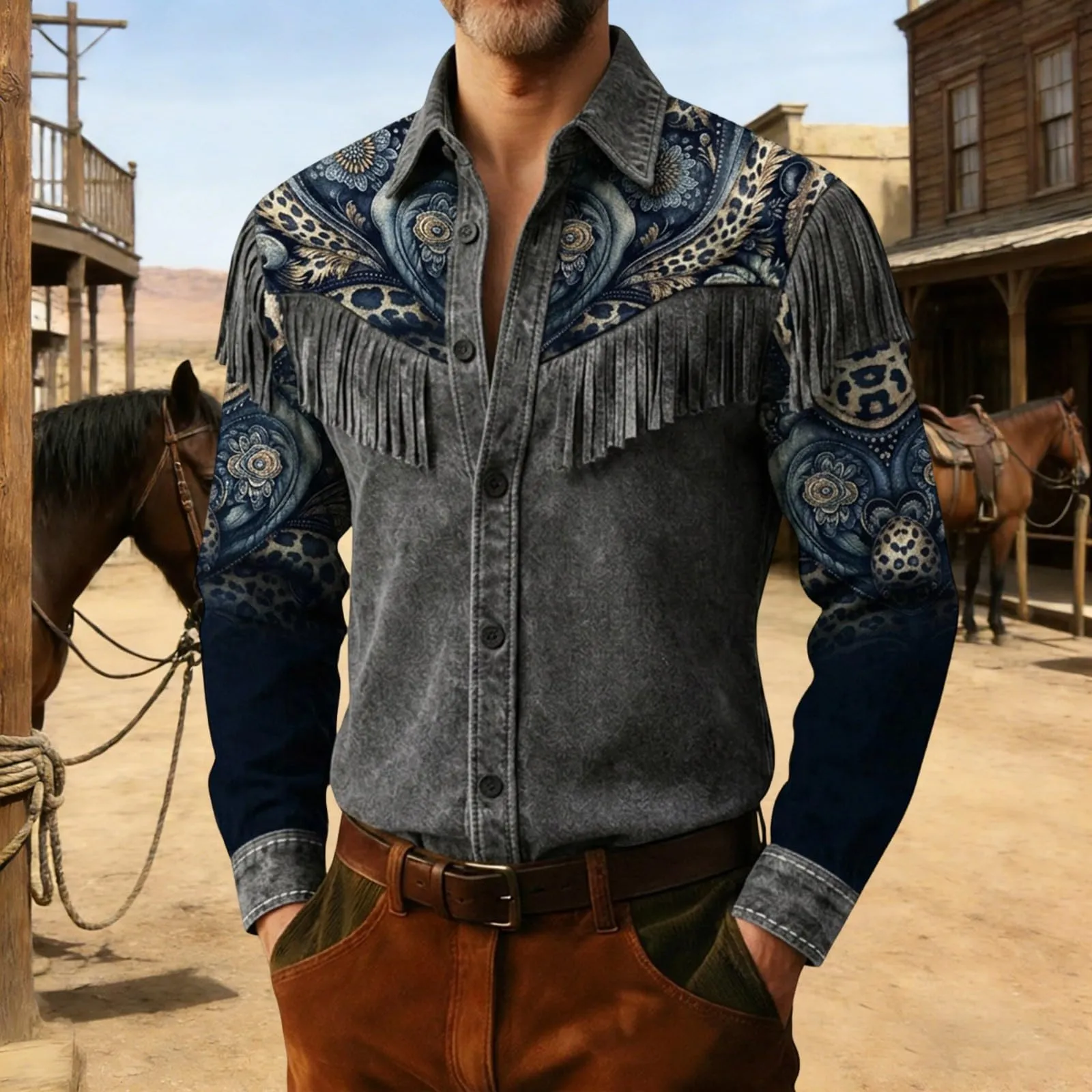 Generico Camicia Western Uomo Stile Cowboy con Frange a Maniche Lunghe - Nero, 4XL - immagine 3