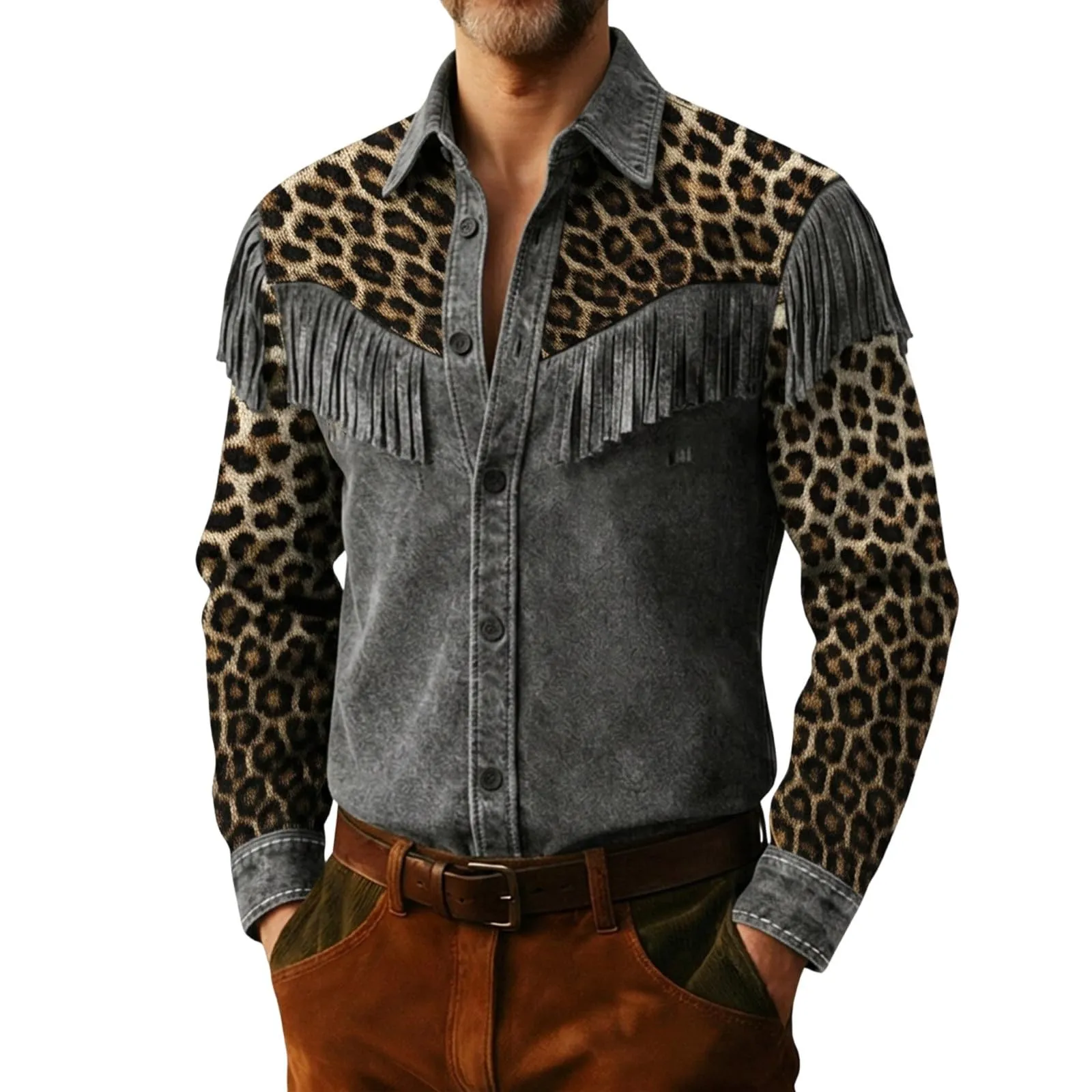 Generico Camicia a Quadri Uomo Western Stile Cowboy con Frange, Maniche Lunghe, Nero, L - immagine 1